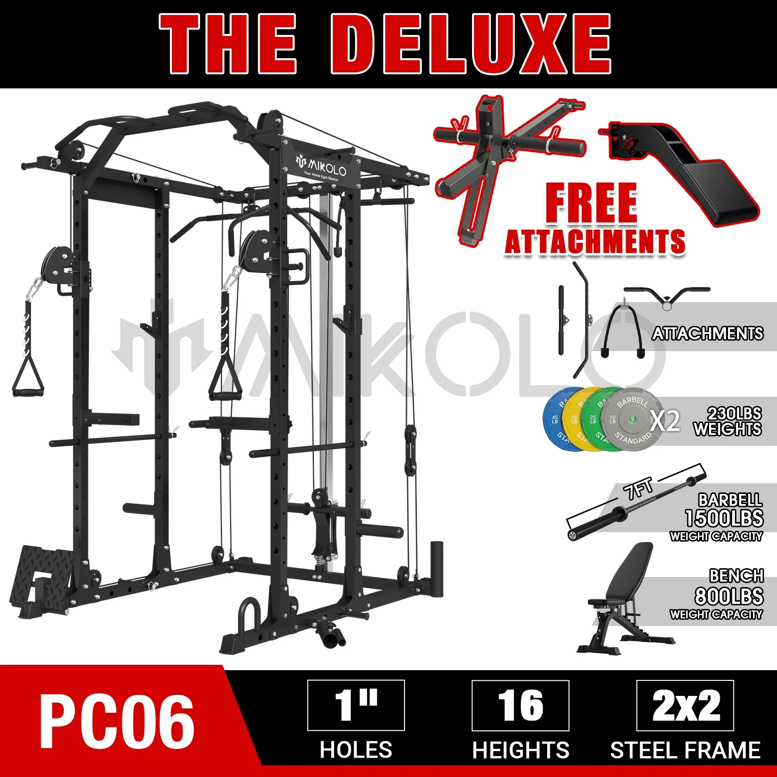 Mikolo Power Rack Cage, 1500 lbs Weight Rack with Cable Crossover Machine,Multi-Function Squat Rack with J Hooks,Dip Bars and Landmine for Home Gym (Red), Plate Loaded Machine - Womvr