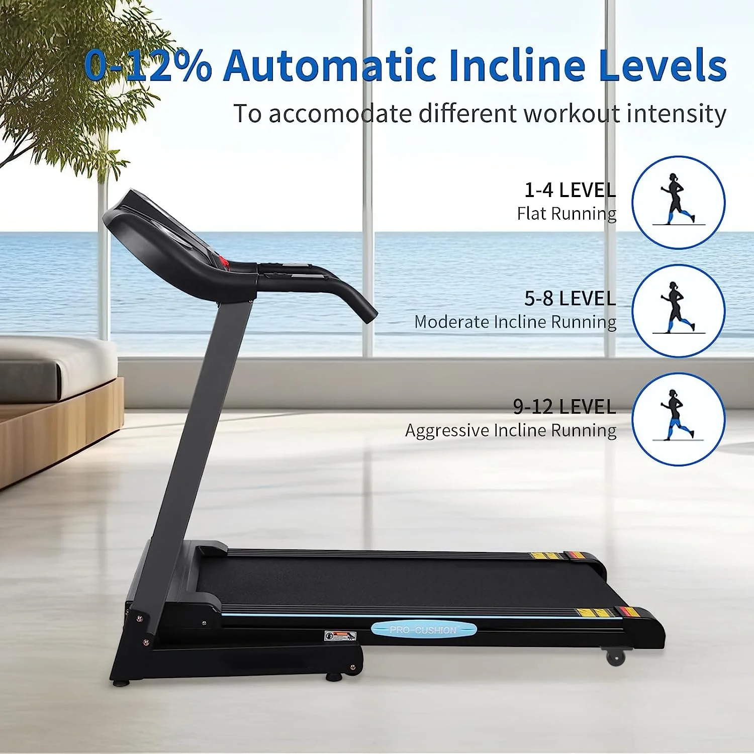 Treadmill with Incline Folding Treadmill with 12-Level Automatic Incline 2.5hp Power 8.5mhp Speed Running Machine 15 Preset Training Program Electric Treadmill for Home Use - Womvr