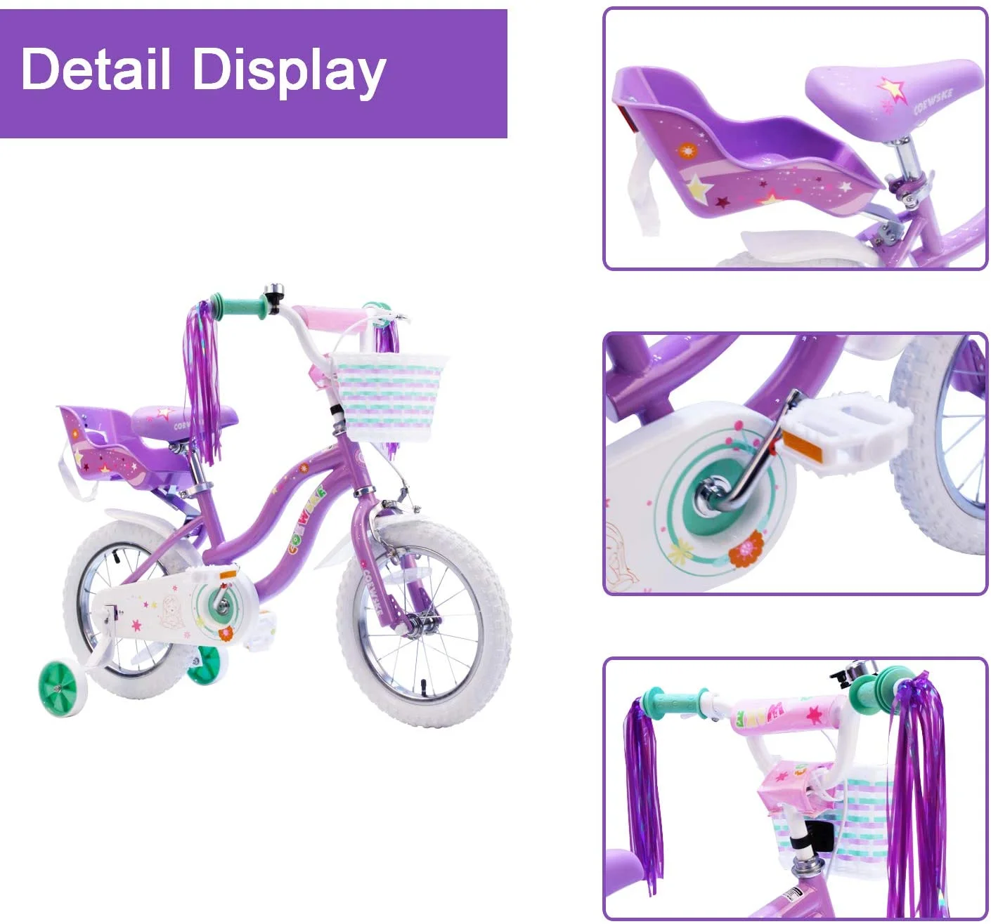 Coewske Princess Kids Bike 14 inch Boys Girls Bicycle with Training Wheels, Pink - Womvr