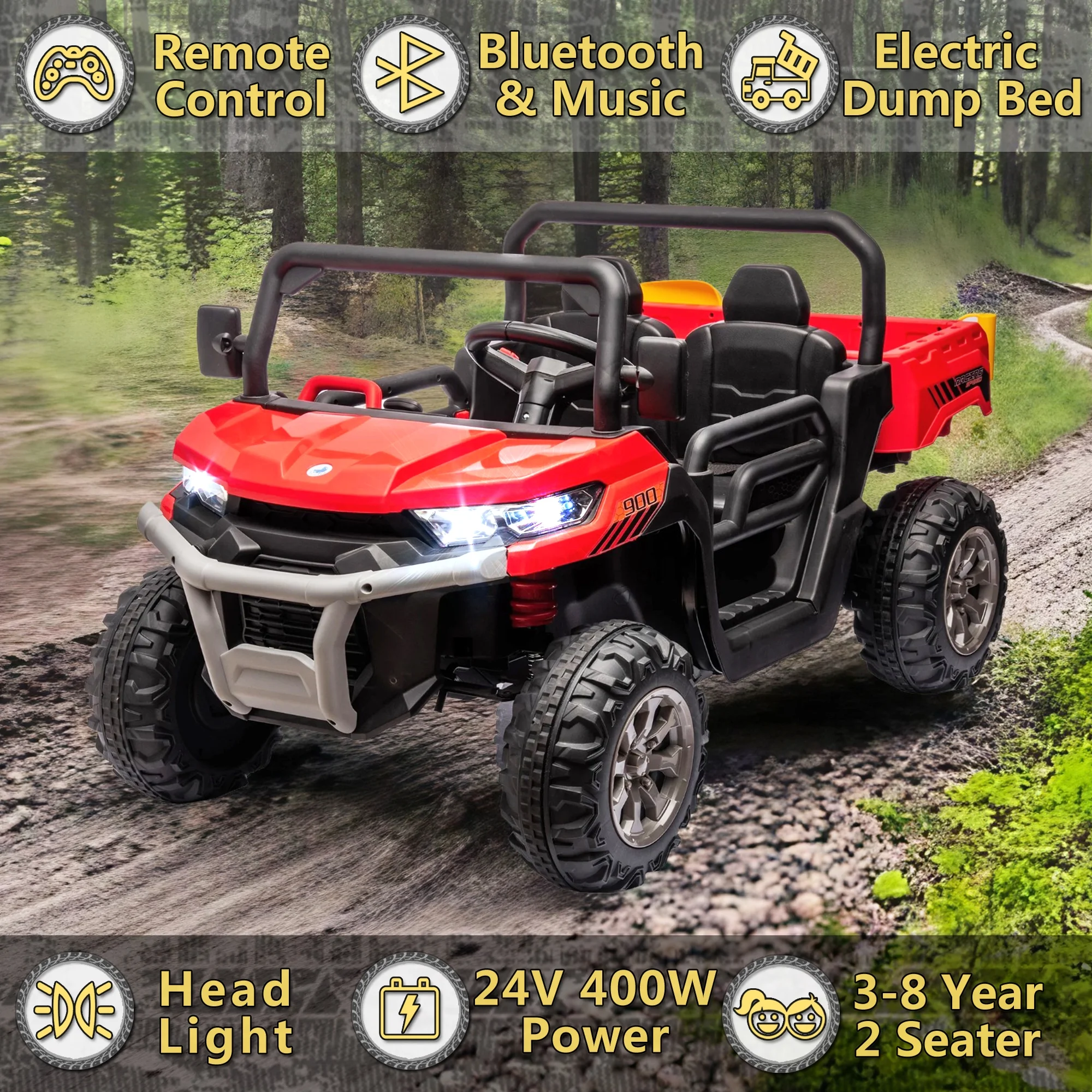 24V 2 Seater Ride on Toys, Ride On UTV with 2x200W Motor Ride On Dump Truck, Ride On Car with Dump Bed/Shovel, Electric Vehicle with Rubber Tires, LED Light, Music, Remote Control, Black - Womvr