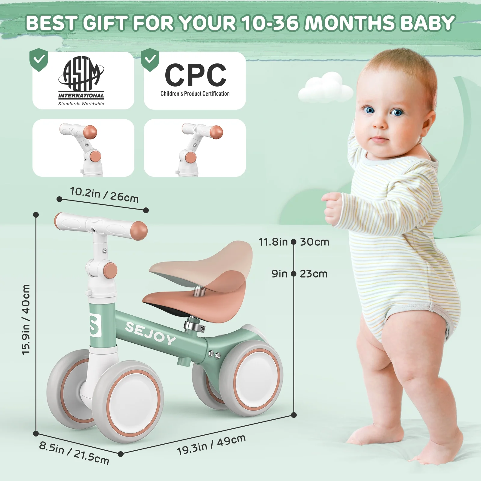 Sejoy Baby Balance Bike, Toddler Baby Bicycle with 4 Wheels for 10-36 Months, Adjustable Handlebar Baby Outdoor Bike Riding Toy, First B-day Gift - Womvr