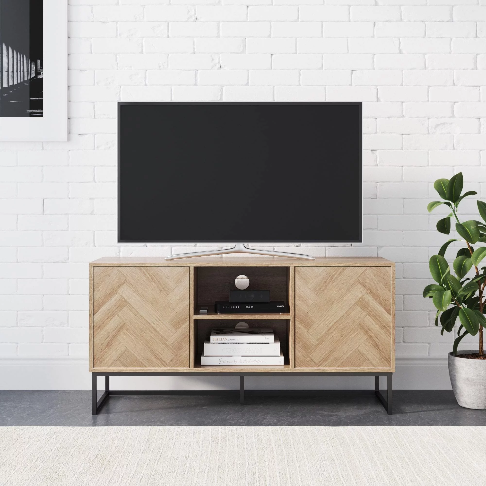 Nathan James Dylan Media Console Cabinet TV Stand with Hidden Storage Herringbone Pattern Wood Metal, Gray/Black - Womvr