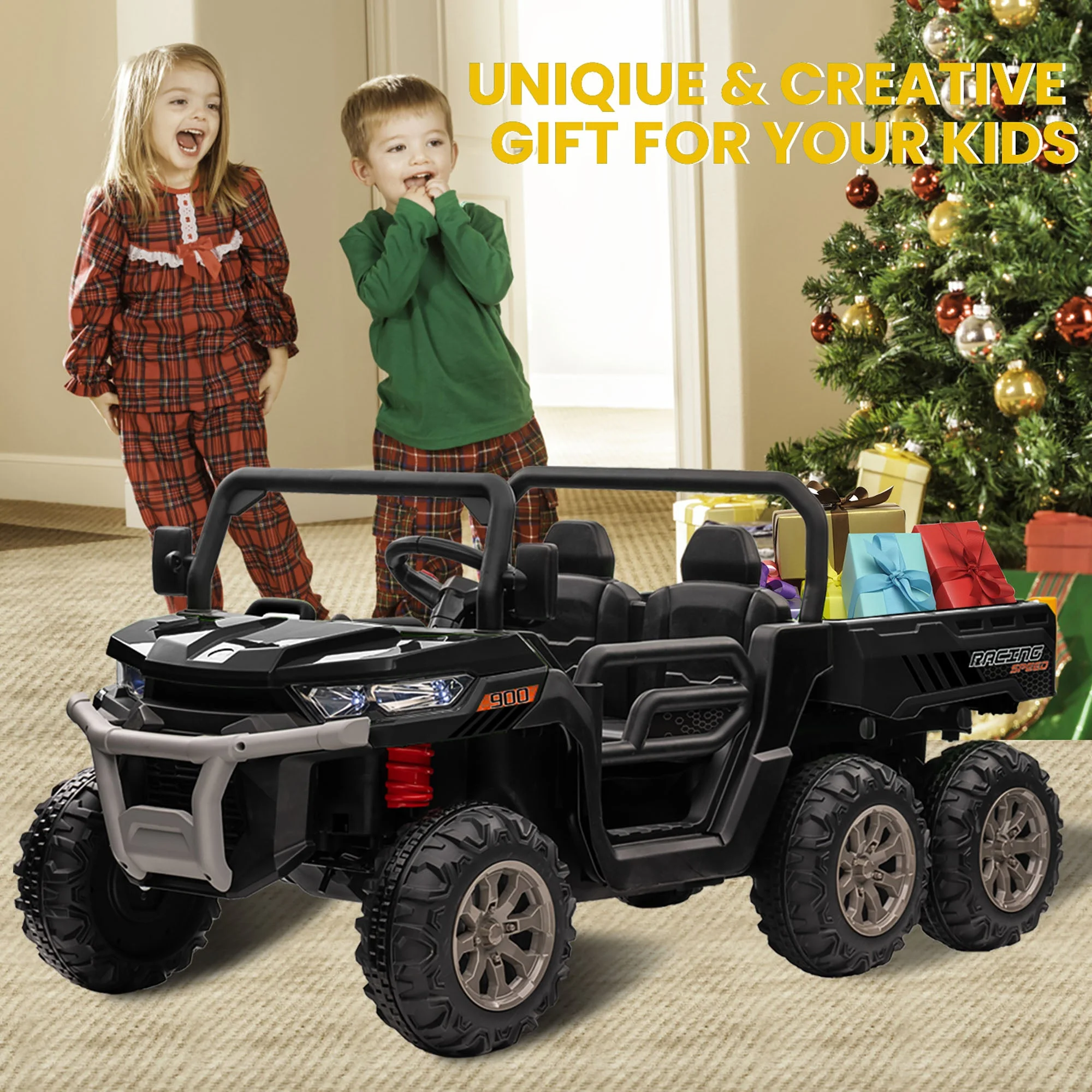 Joyracer 24V Ride on Toys, 2 Seater 6-Wheel UTV Car, 4WD Ride on Dump Truck for Big Kids with Trailer Remote Control, Black - Womvr