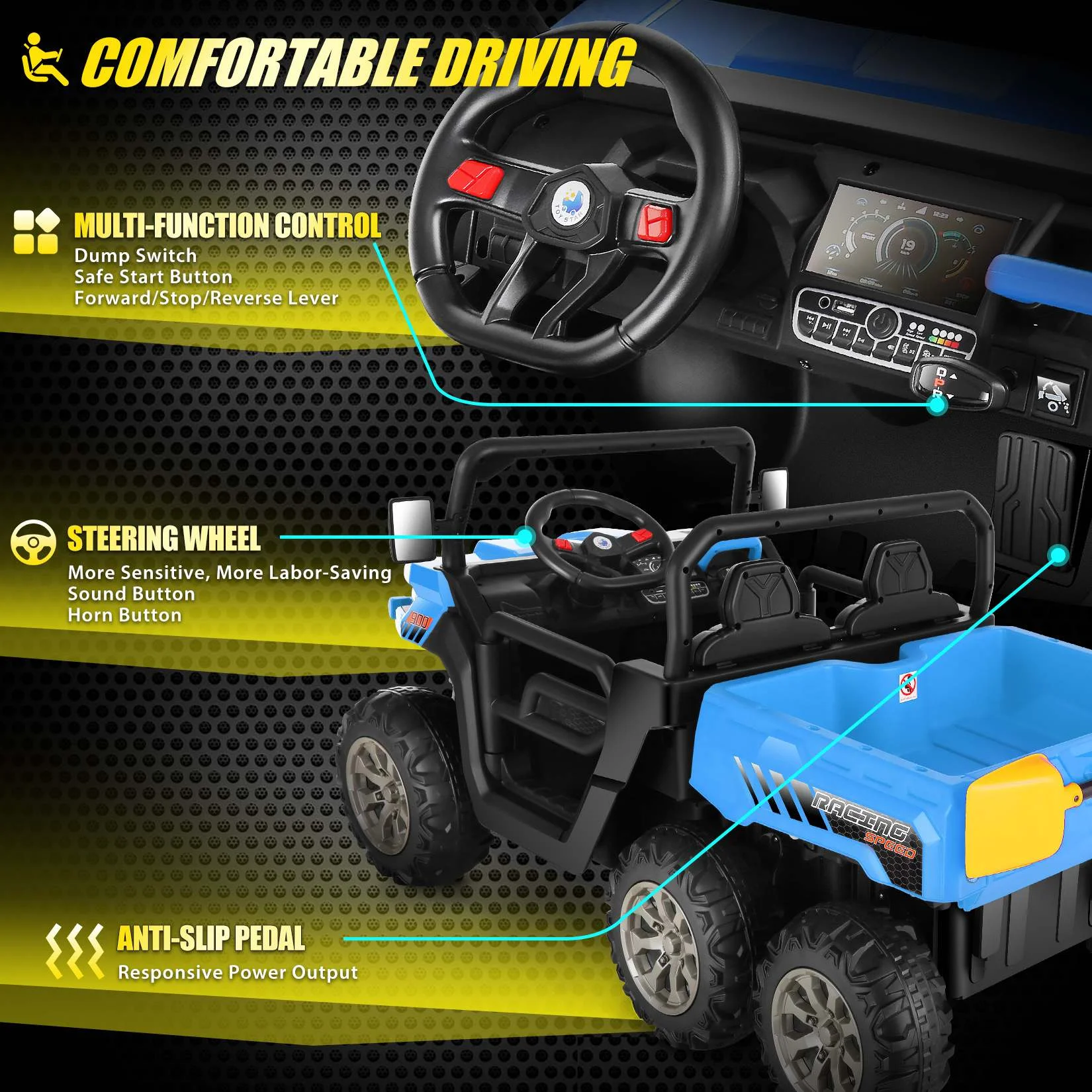 Funcid 24 V 4WD Kids Kids Ride on UTV with Remote Control, 2 Seater 6-Wheel Ride on Dump Truck Car, Ride on Toys w/ Tipping Bucket Trailer & Shovel,Bluetooth Music, Black - Womvr