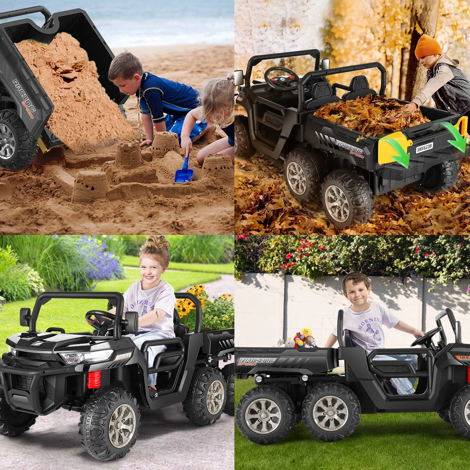 Funcid 24 V 4WD Kids Kids Ride on UTV with Remote Control, 2 Seater 6-Wheel Ride on Dump Truck Car, Ride on Toys w/ Tipping Bucket Trailer & Shovel,Bluetooth Music, Black - Womvr