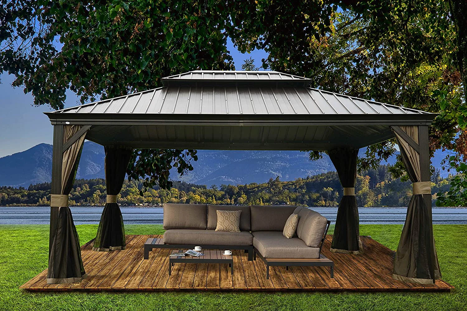 Kozyard Alexander Hardtop 12 ft. W x 10 ft. D Aluminum Hardtop Gazebo (Brown) - Womvr