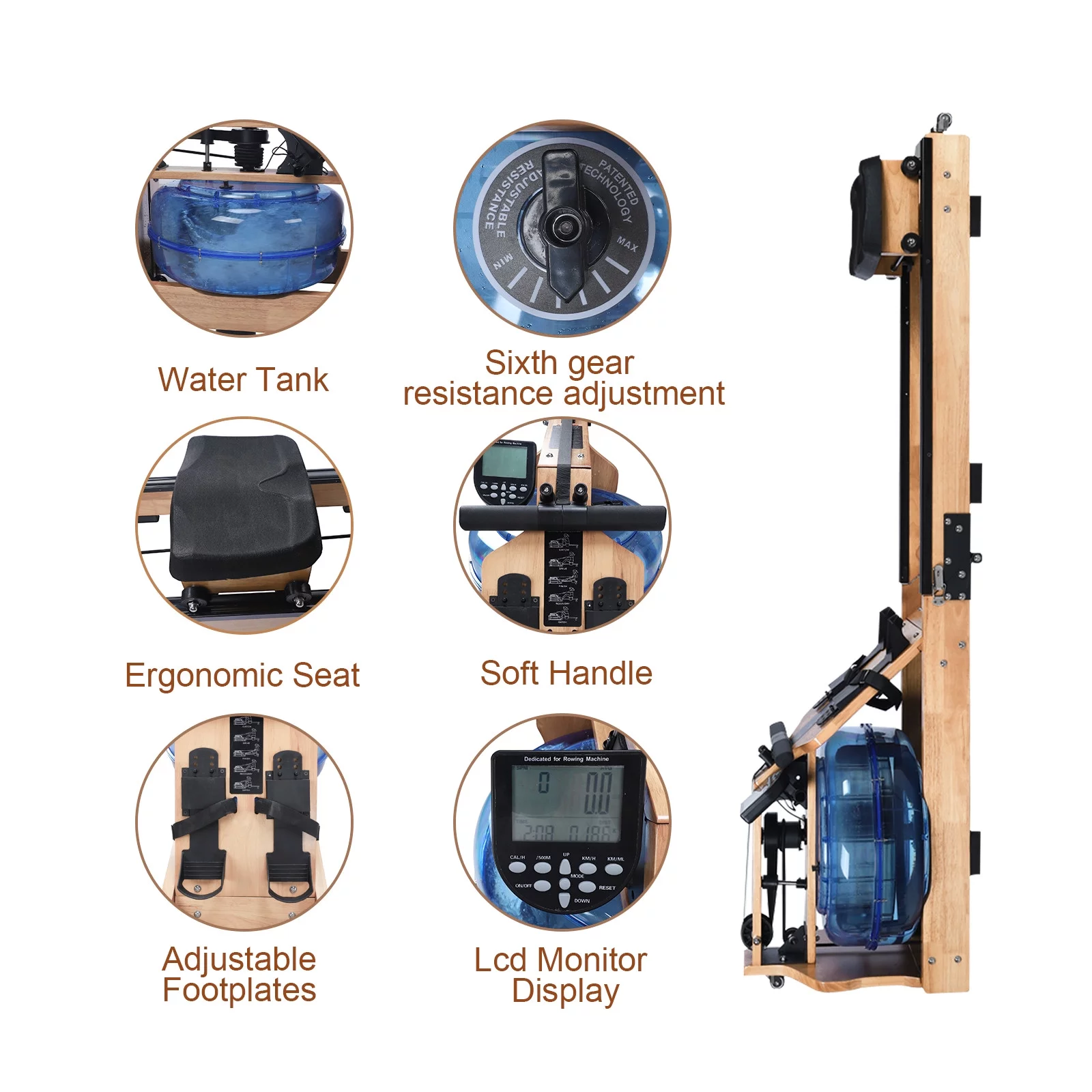 Guzom - Water Rowing Machine with LED Display Wooden Rowing Machine with Foldable Design - Womvr