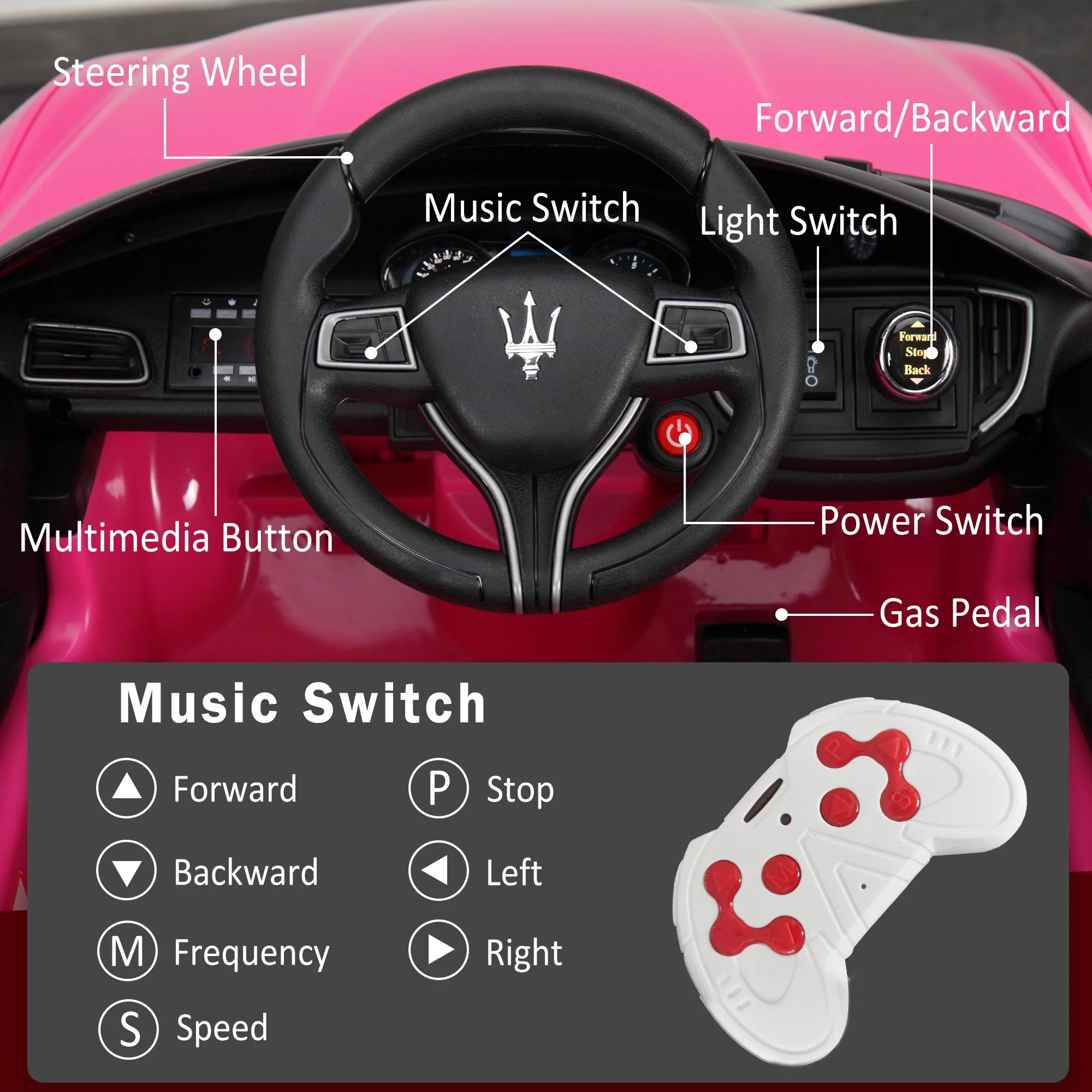 12V Maserati Licensed Kids Ride on Car Battery Powered Toy Car W/ Remote Control LED MP3 USB, Pink - Womvr