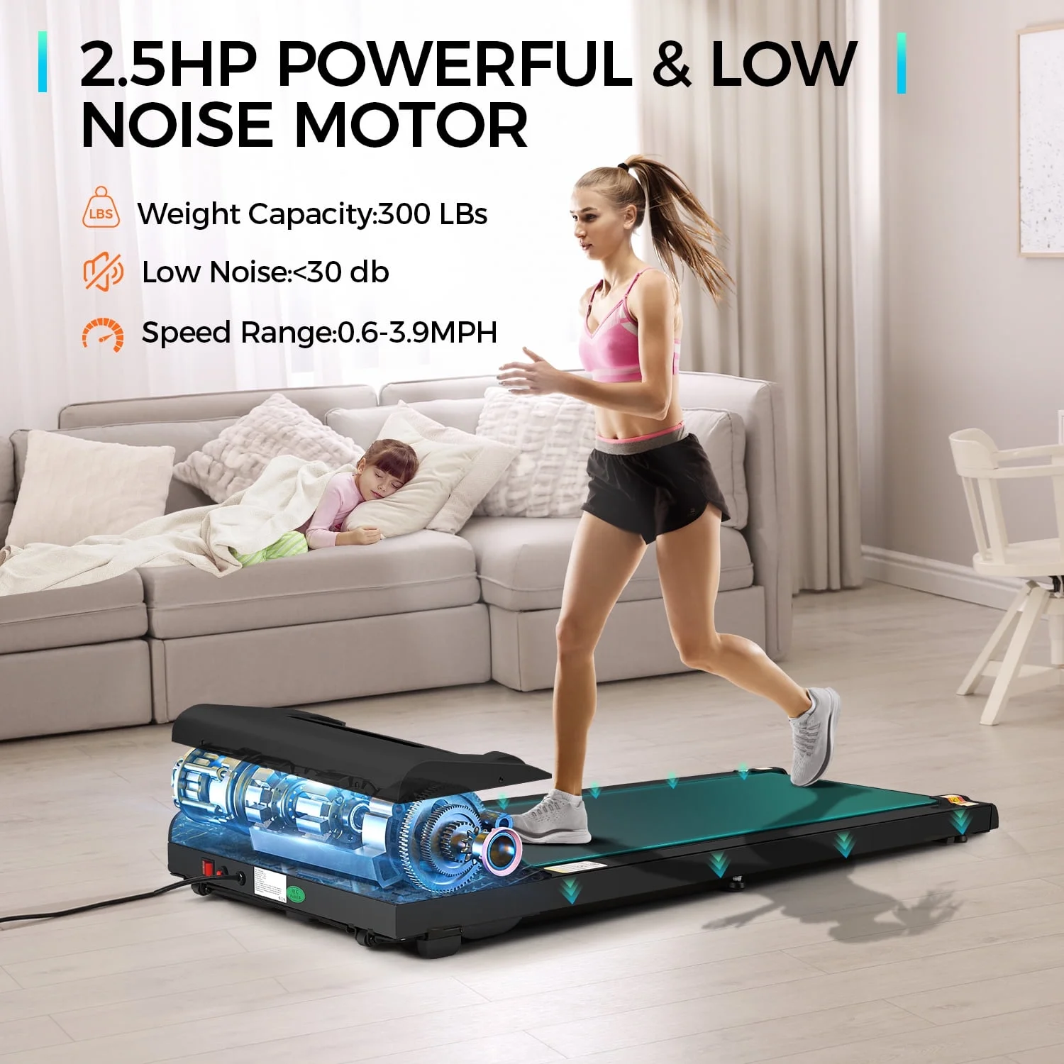 Adnoom Walking Pad Treadmill Under Desk Treadmills for Home,Smart App Remote Control 2.5HP Electric Jogging Running Machine with LED Display - Womvr