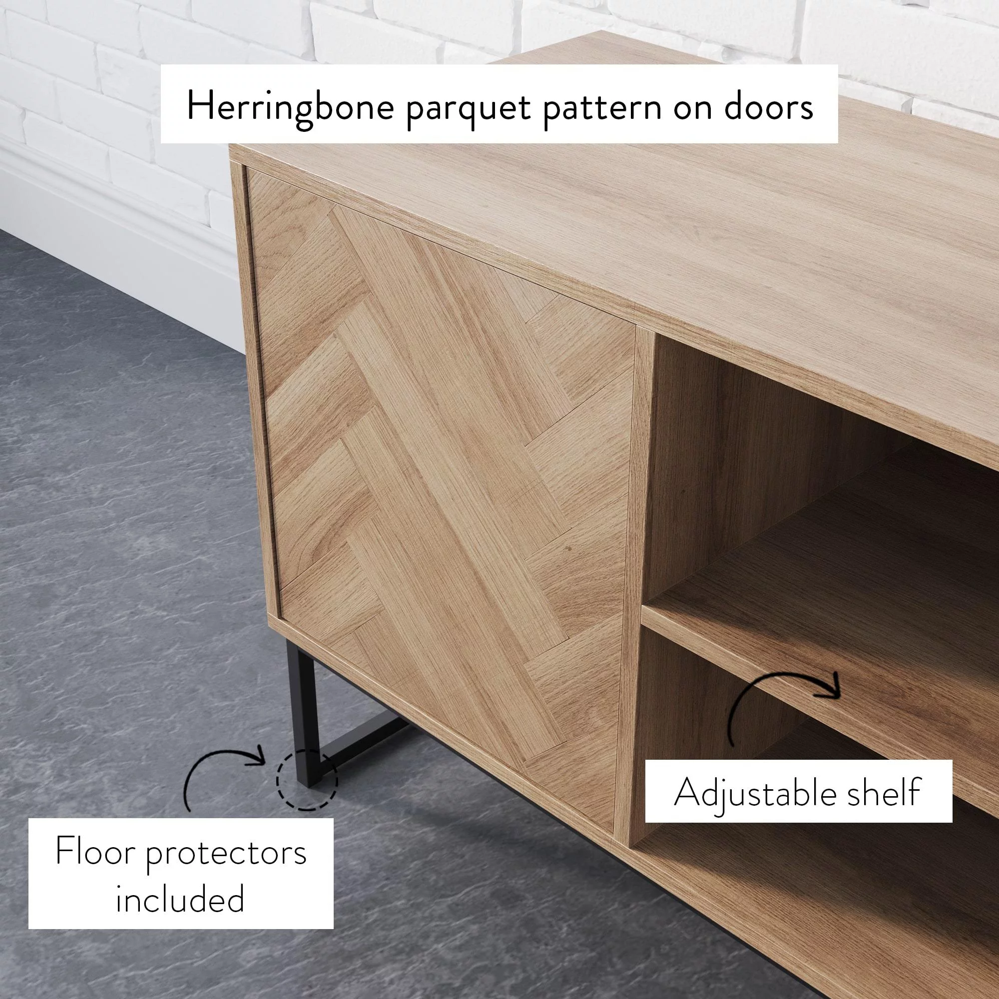 Nathan James Dylan Media Console Cabinet TV Stand with Hidden Storage Herringbone Pattern Wood Metal, Gray/Black - Womvr