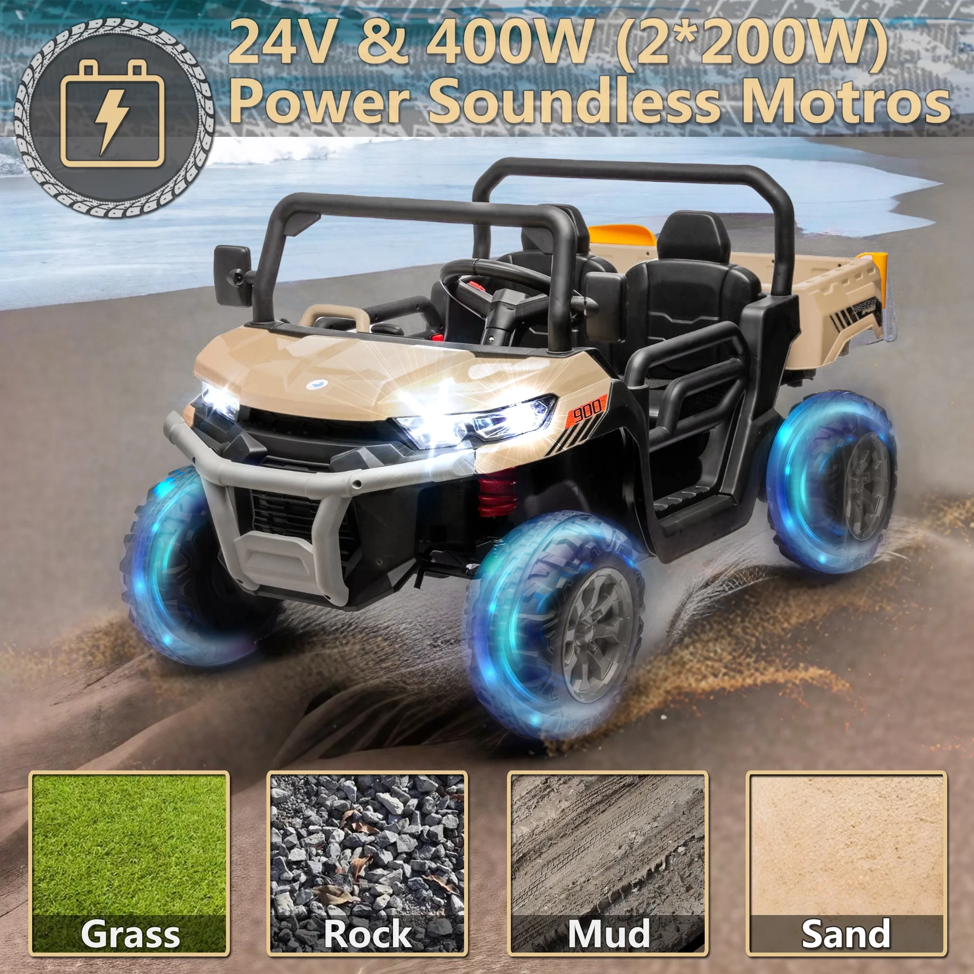 24V 2 Seater Ride on Toys, Ride On UTV with 2x200W Motor Ride On Dump Truck, Ride On Car with Dump Bed/Shovel, Electric Vehicle with Rubber Tires, LED Light, Music, Remote Control, Black - Womvr