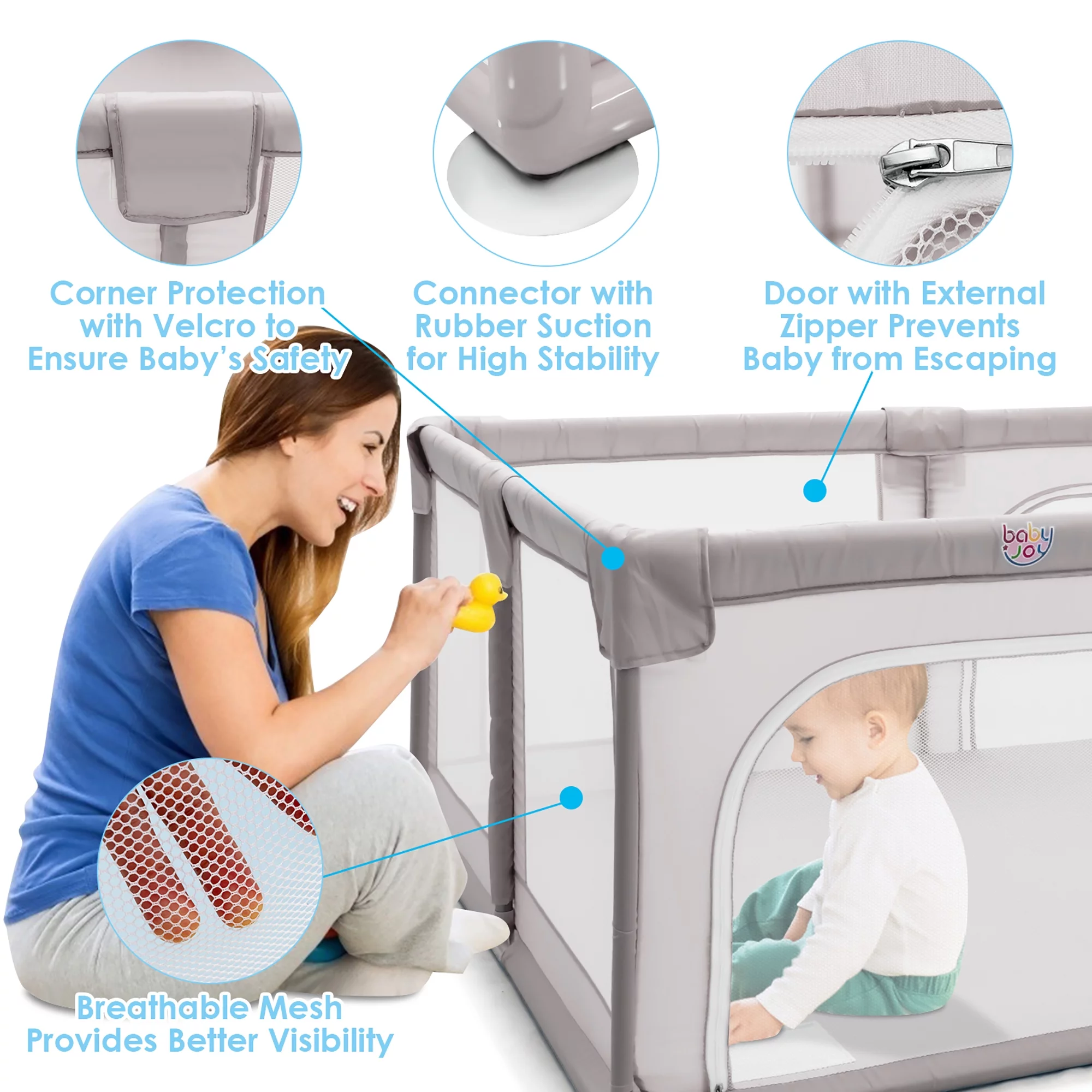 Babyjoy Playpen Extra Large Unisex Kids Baby Activity Center Safety Play Yard with Gate Gray - Womvr