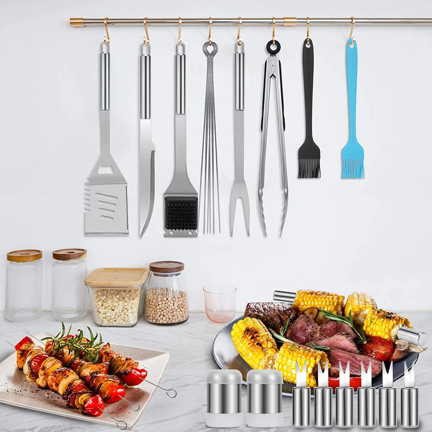 41Pcs BBQ Grill Tool Set with Storage Bag Extra Thick Stainless Steel Spatula Fork & Tongs - Womvr