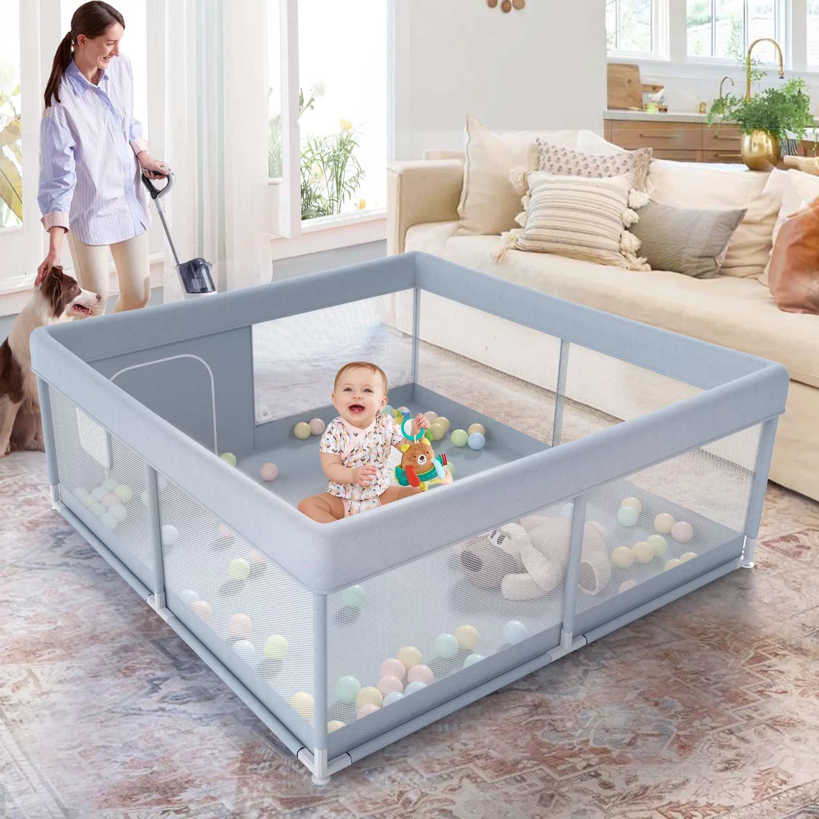 Pkinoicy 47x47inch Play Pen with Mat for Babies and Toddlers, Playpen with Mat, Baby Playpen with Mat, mall Baby Playpen with Mat - Womvr