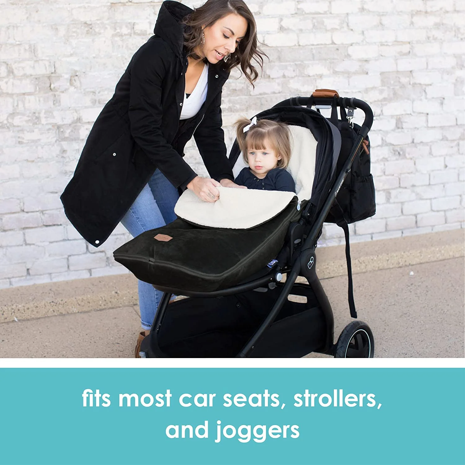 JJ Cole Bundle Me Sherpa-Lined Toddler Car Seat Cover and Bunting Bag - Weather Resistant Stroller Accessory and Winter Baby Essential in Black Toddler Black - Womvr