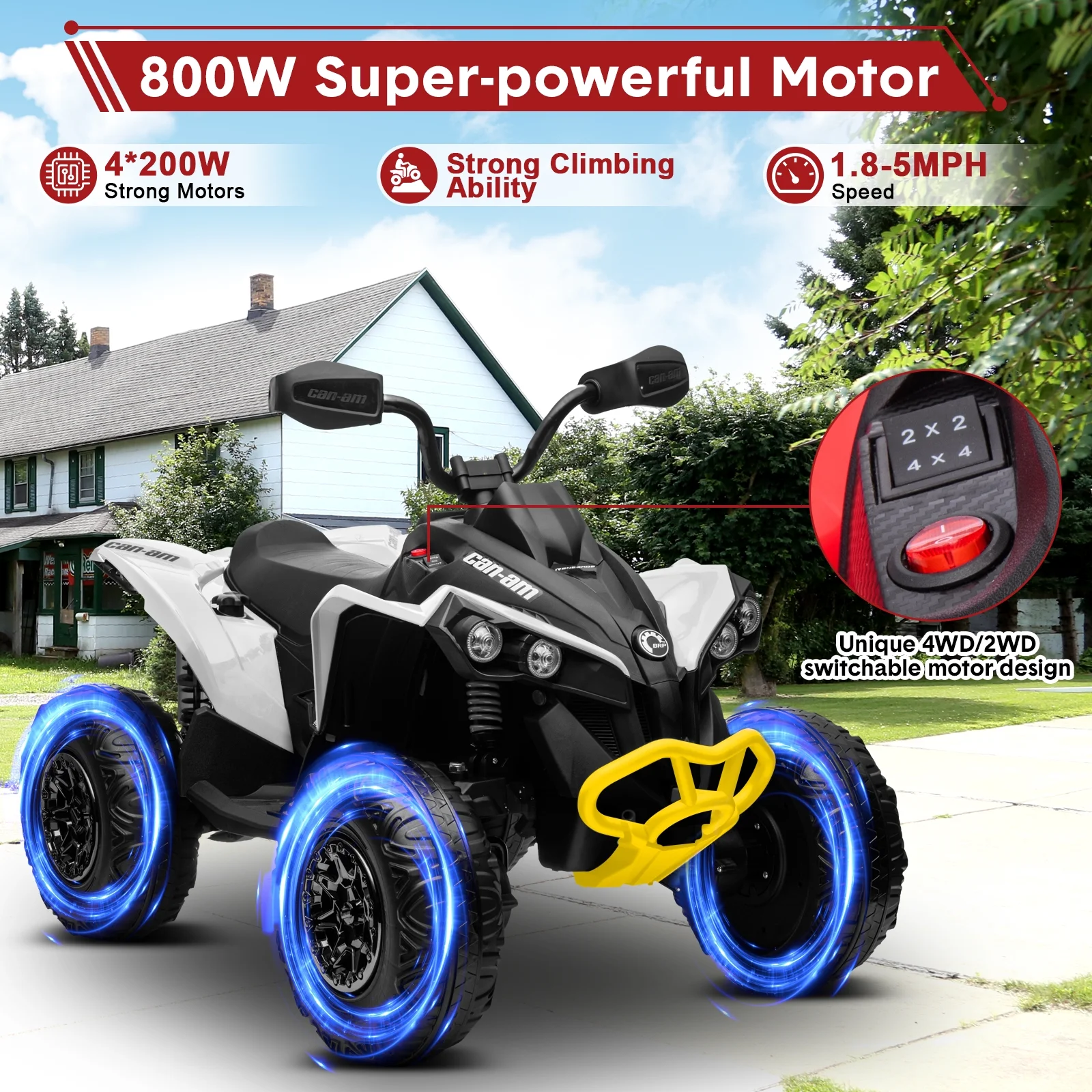 24V Ride on Toys, 4 Wheeler ATV for Kids with 2 Seater, 4x200W Motors, 4WD/2WD Switchable, Khaki - Womvr