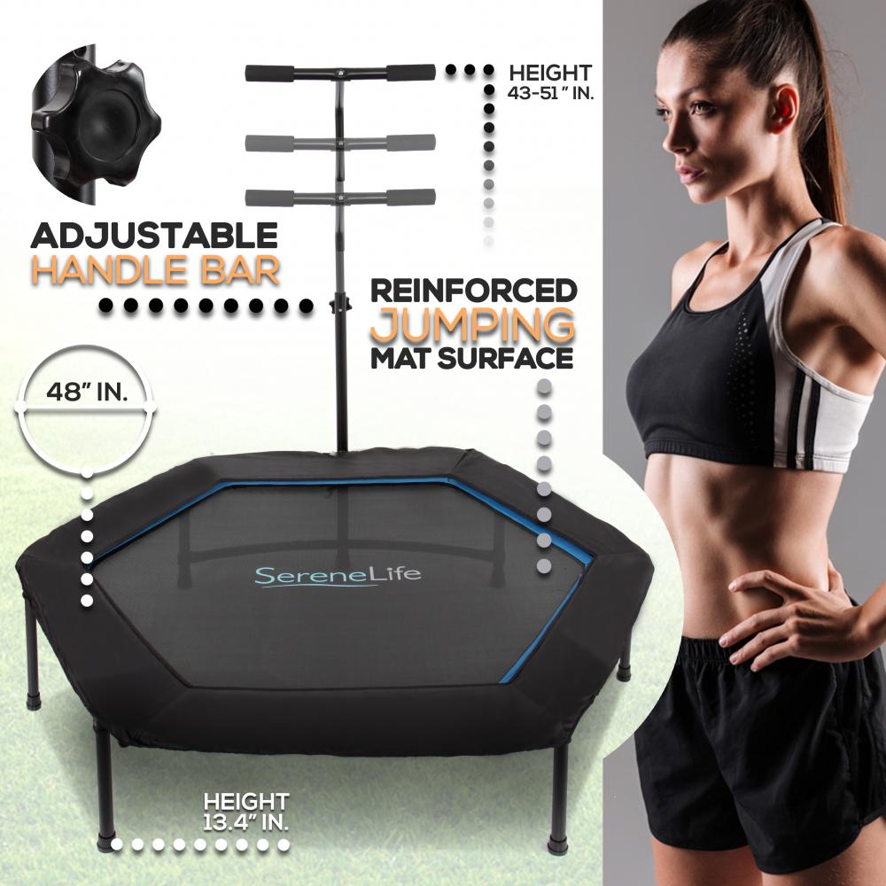 SereneLife SLELT518  Pro Aerobics Fitness Trampoline  Portable Gym Sports Trampoline with Adjustable Handrail - Womvr