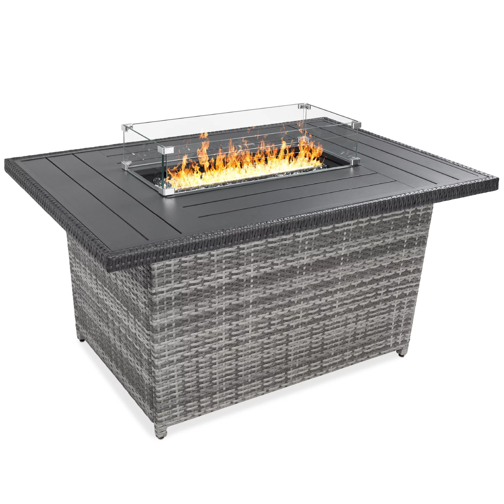 Best Choice Products 52in Wicker Propane Gas Fire Pit Table 50,000 BTU w/ Glass Wind Guard, Tank Holder, Cover - Gray - Womvr