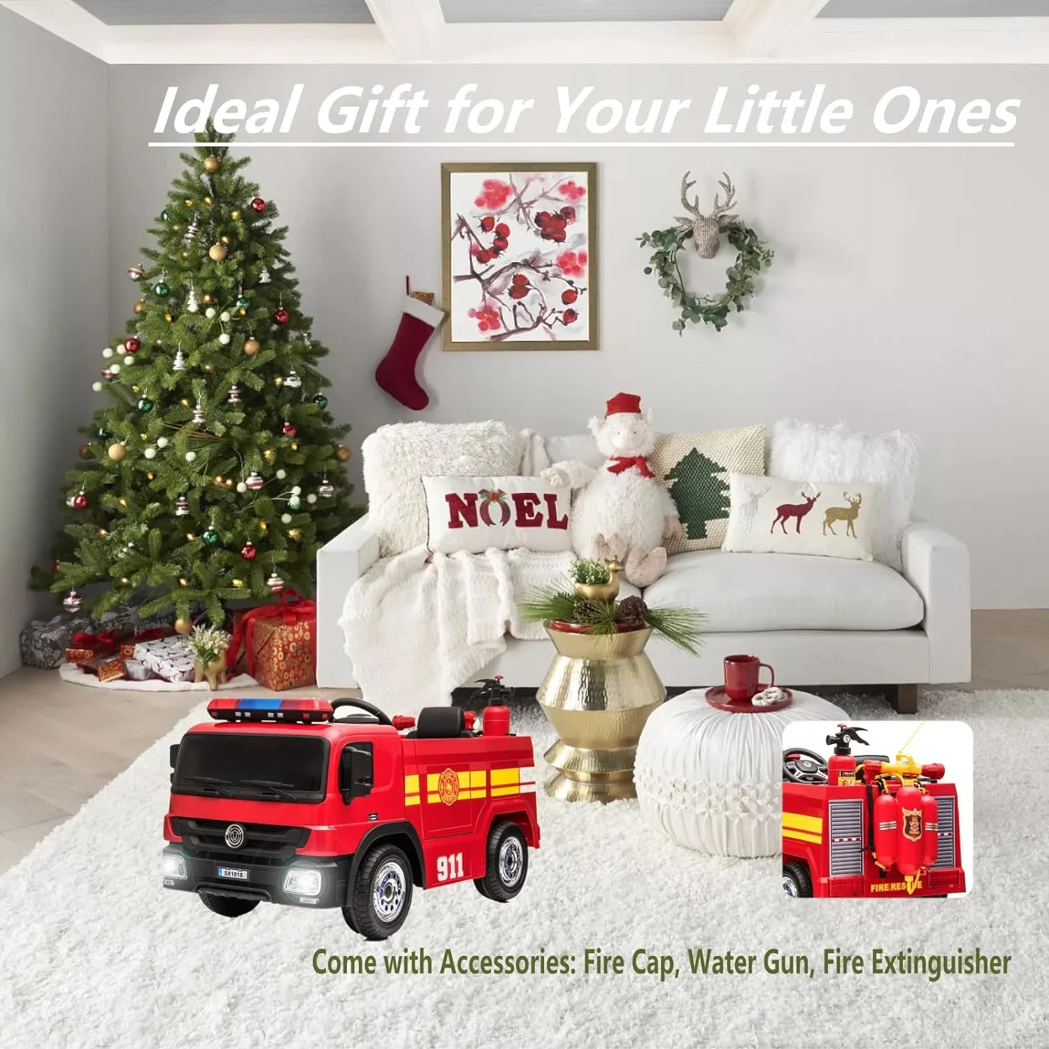 Pirecart 12V Kids Ride on Car Electric Powered Fire Truck Toy with Remote Control, LED Lights - Womvr