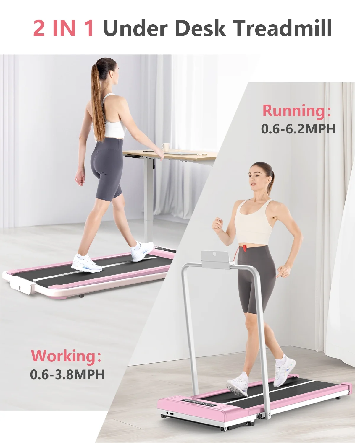 Bigzzia Treadmill Under Desk Treadmill 2 in 1 Folding Treadmill, Treadmills for Home Maximum Weight 265 lbs Gray - Womvr