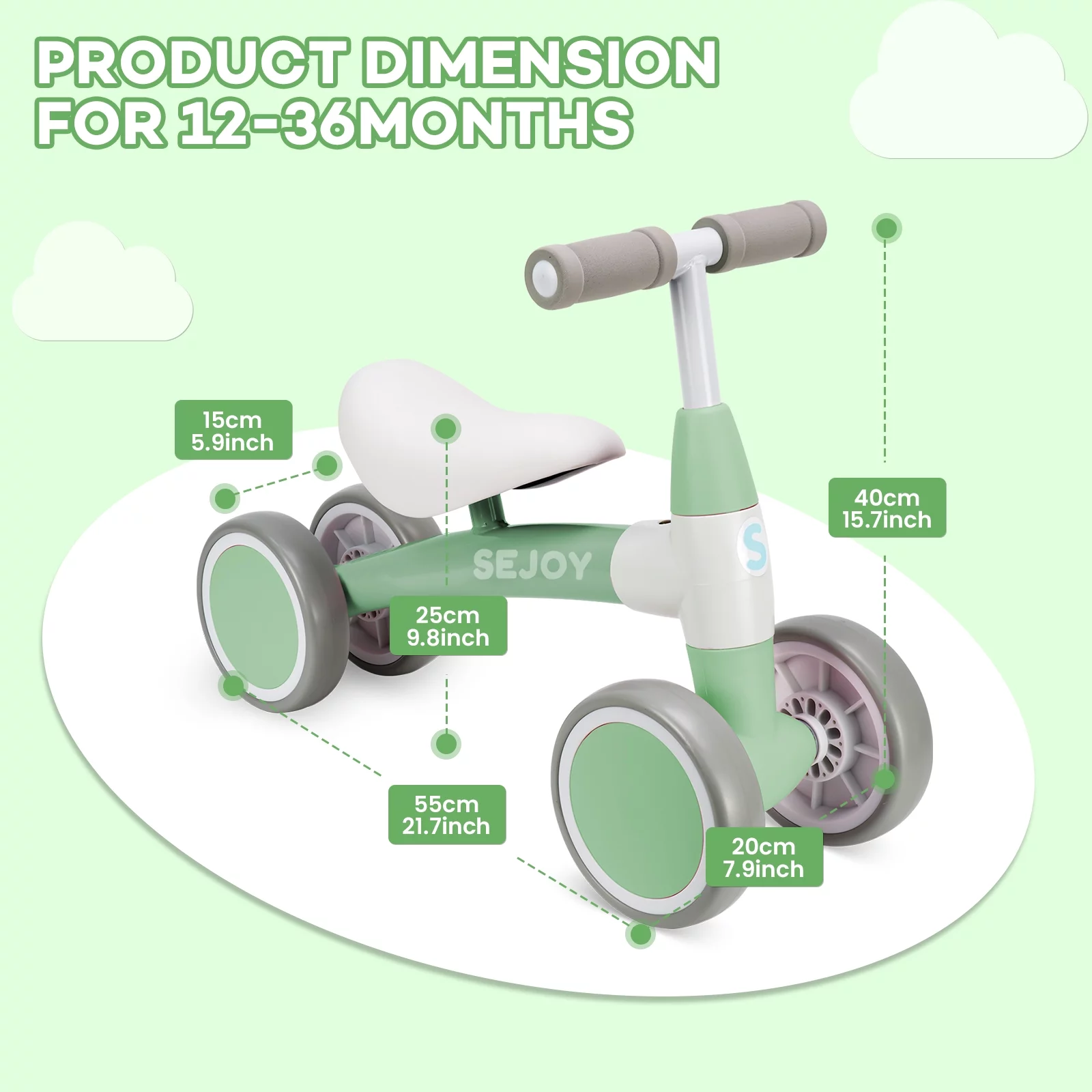 Sejoy Baby Balance Bike Children Walker for 1-3 Years Old Boys Girls 12-36 Months Kids Toddler First Bike 4 Wheels Riding Toys,First Birthday Gifts - Womvr