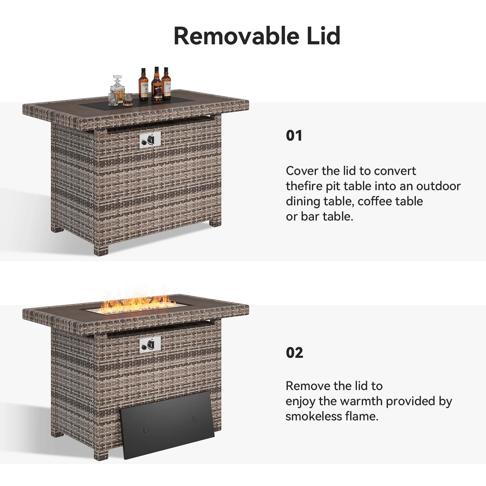 Aoxun 40'' Fire Pit Table 50,000 BTU Propane Gas Fire Pit Table W/ Cover, Glass Beads, Tank Holder, Gray Wicker - Womvr