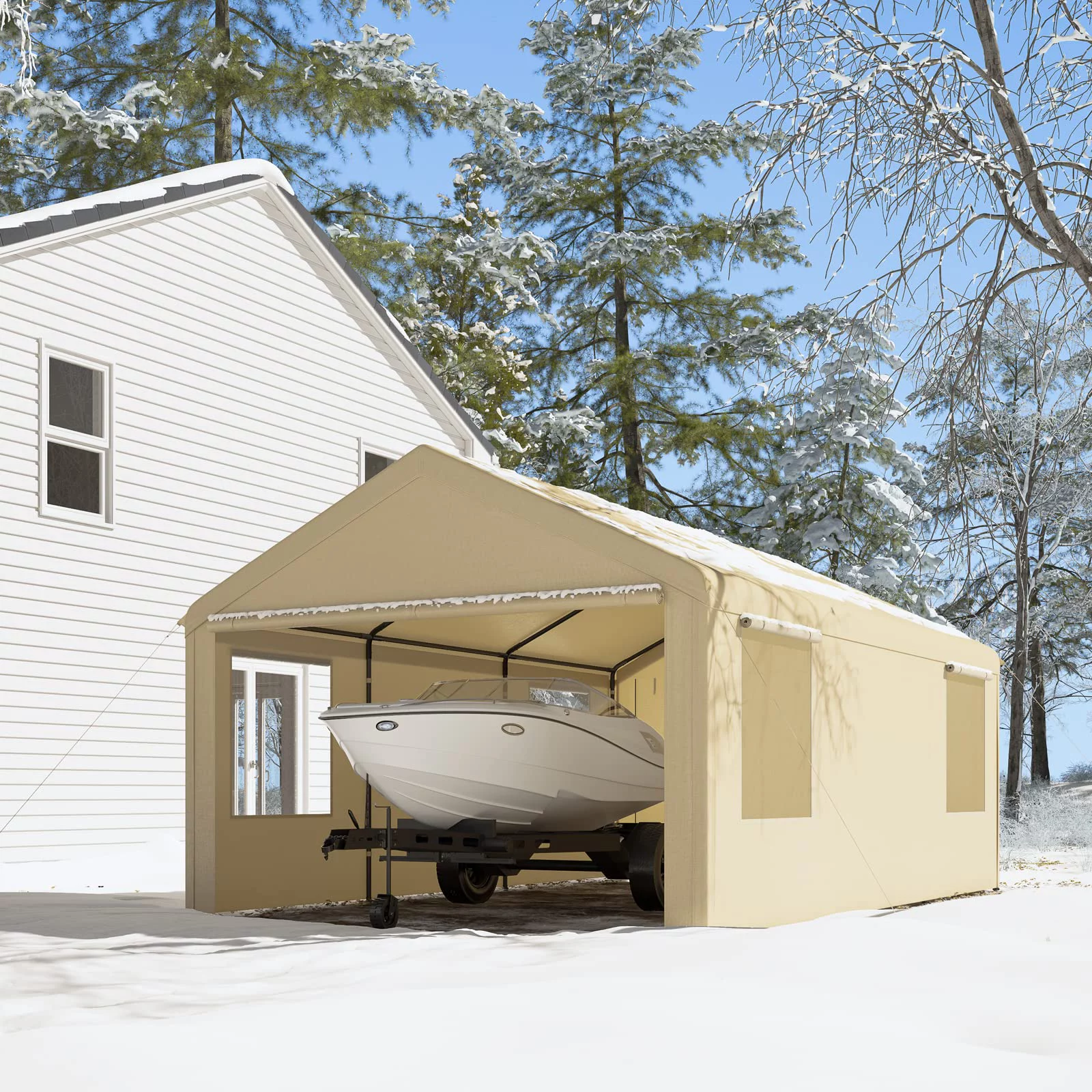 Gardesol Carport, 12'x20' Extra Large Heavy Duty Carport with Removable Sidewalls & Doors, Portable Garage Car Canopy for Car, Truck, SUV, Beige - Womvr