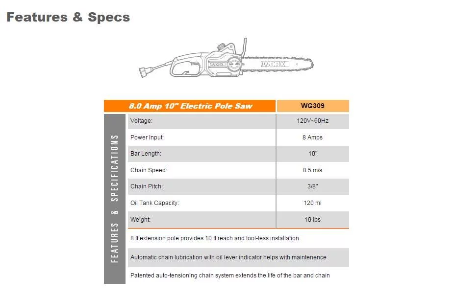 WORX WG309 8.0 Amp Electric Pole Saw, 10-Inch- Chainsaw and Pole Saw All in One - Womvr