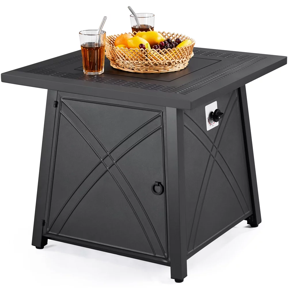 Topeakmart 28'' Square Propane Fire Pit Table 50,000 BTU with Lid & Iron Tabletop, Black - Womvr