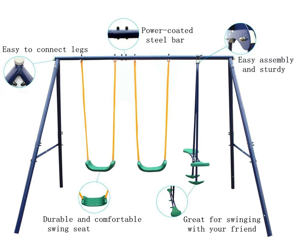 5 in 1 Metal Swing Set for Outside, Kids Backyard Swing Set with Swing Chair, Slide, Glider, Ground Nail, Outdoor Backyard Playground Swing Sets for 3-8 Year, Max Weight 700 lbs - Womvr