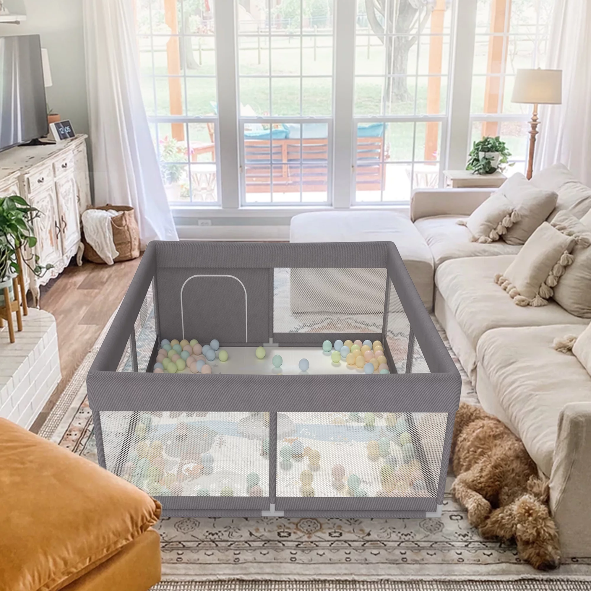 Pkinoicy 47x47inch Play Pen with Mat for Babies and Toddlers, Playpen with Mat, Baby Playpen with Mat, mall Baby Playpen with Mat - Womvr