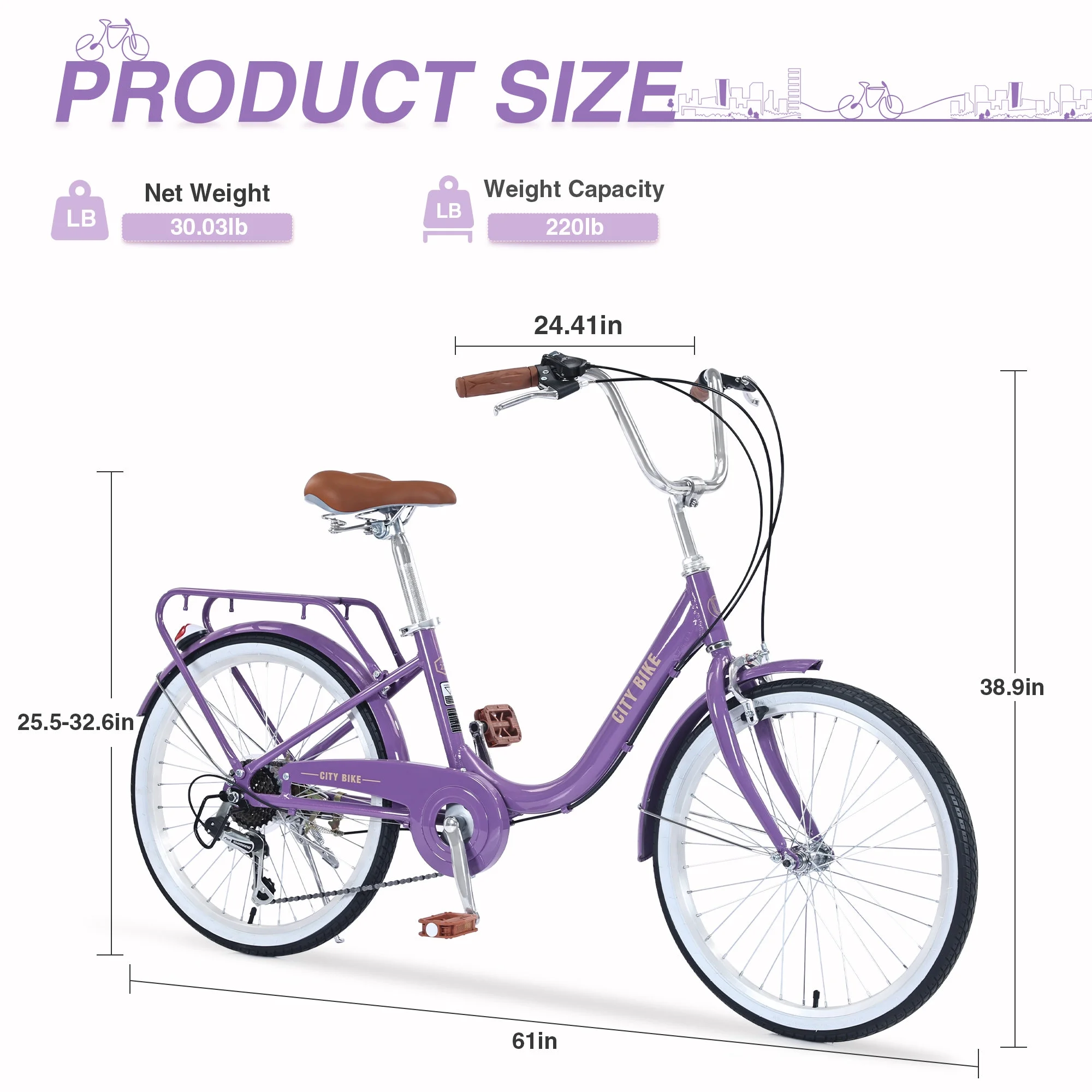 Girls Cruiser Bike for Kids 8+ Years Old, City Bike with 22 inch Shimano, 7 speed, Leather Saddle, Front&Rear Caliper Brake, Commuter Bicycle Pink - Womvr