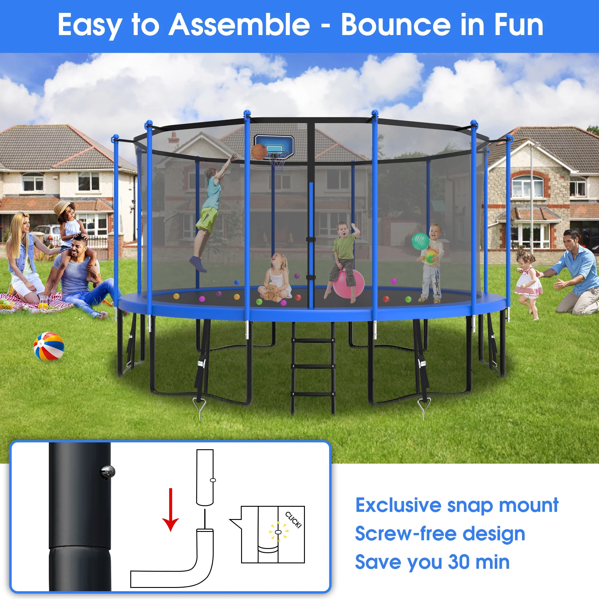 YORIN Trampoline, 1200LBS 12FT 14FT 15FT 16FT Trampoline for 4-5 Kids Adults with Enclosure Net, Basketball Hoop, Ladder, Light, Sprinkler, Socks, Outdoor Heavy Duty Round Trampoline - Womvr