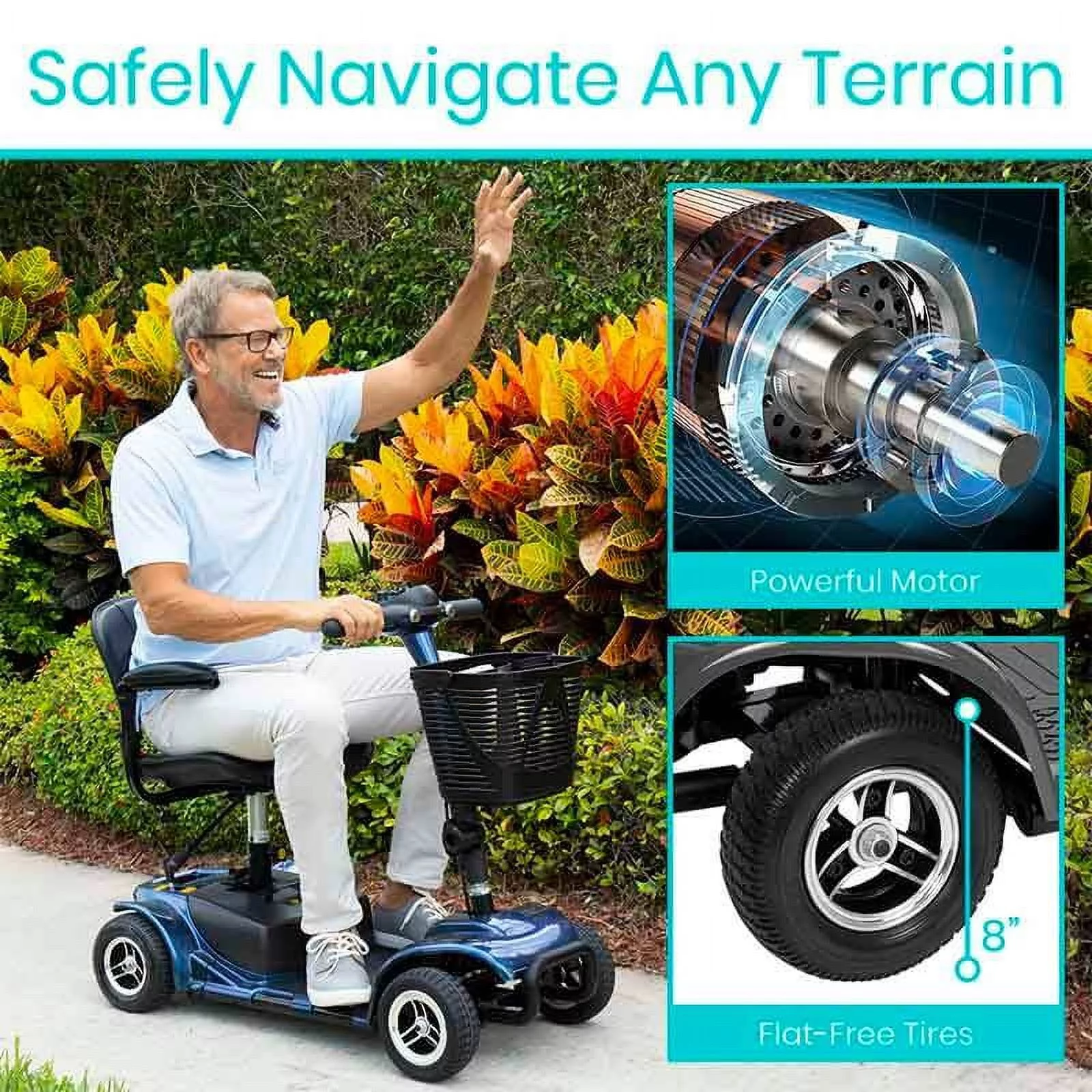 Vive 4 Wheel Battery Powered Mobility Scooter - Electric Transport Chair- Compact Heavy Duty Mobile for Travel, Adults, Elderly with Basket and Charger Included - Womvr