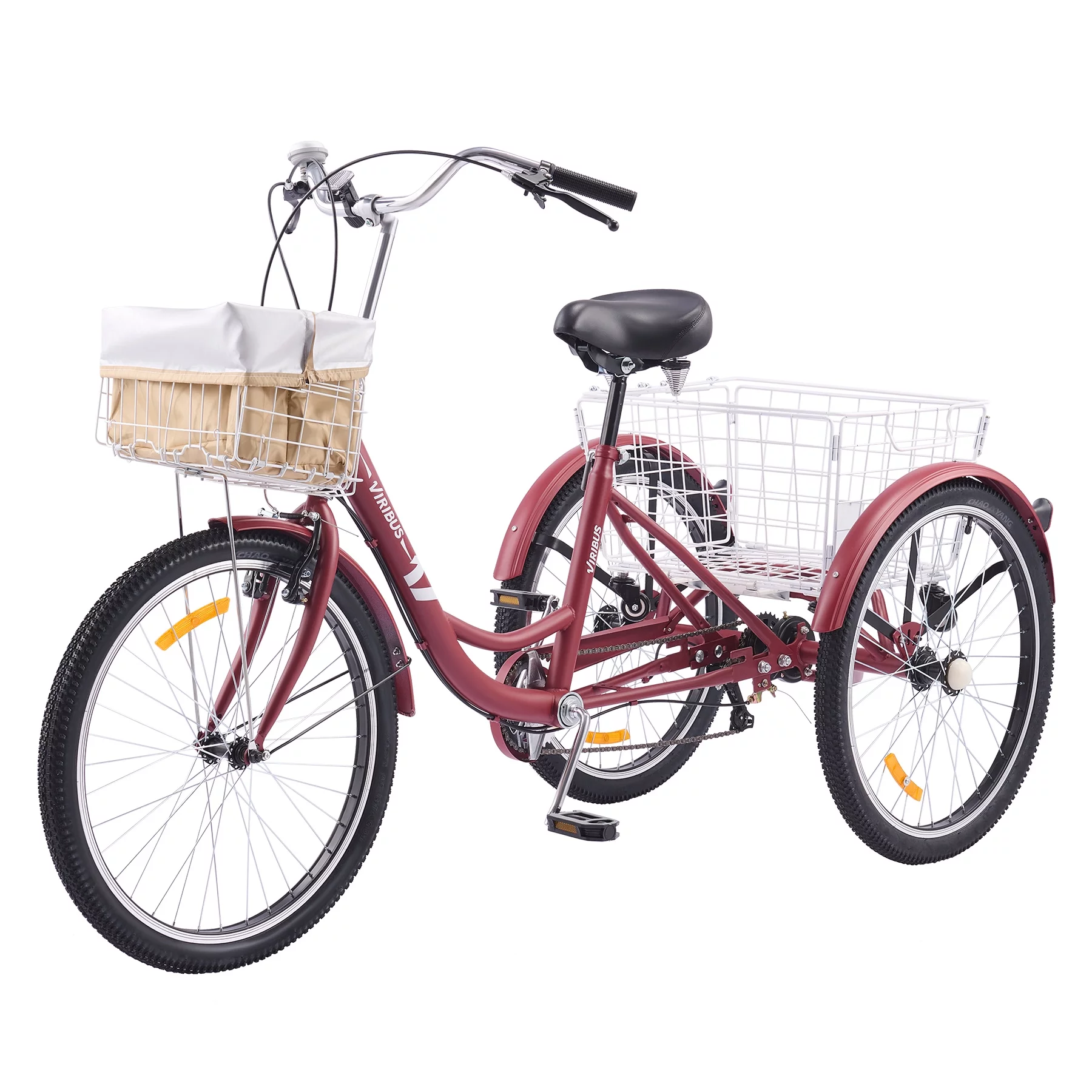 VIRIBUS 24 Inch Adult Trike 7 Speed Bike w Adjustable Seat 2 Baskets Matte Gray - Womvr