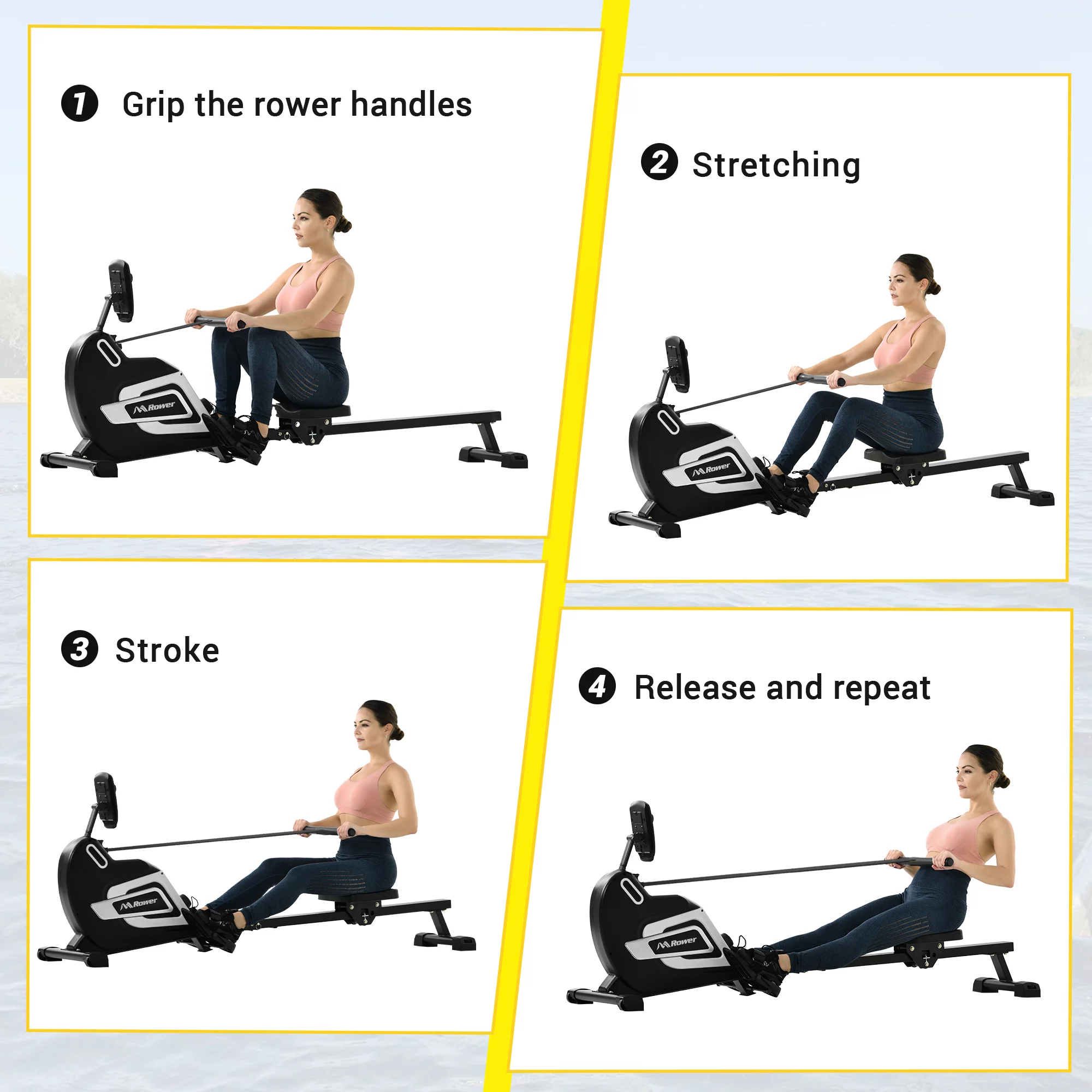 MS Rowing Machine Folding Rower with 14 Levels of Resistance Adjustable LCD Monitor and Tablet Holder - Womvr