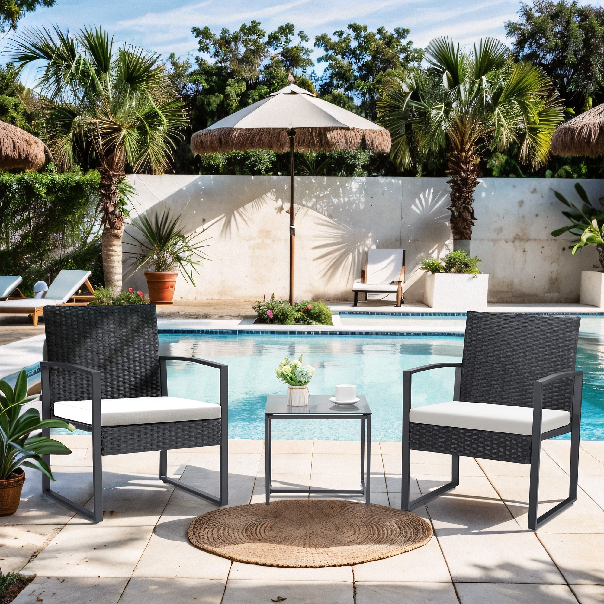 Homall Patio Furniture 3-Piece Set Casual Wicker Chair Bistro Chair with Coffee Table, Black - Womvr