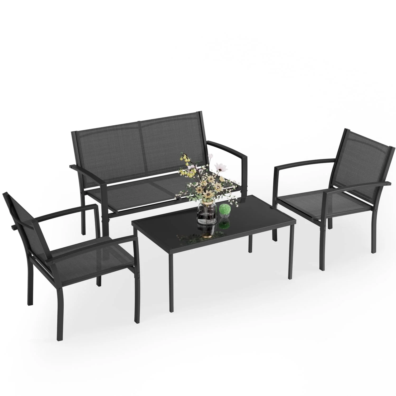 LACOO 4 Pieces Outdoor Furniture Set Patio Textilene Steel Conversation Set with Loveseat Tea Table for Lawn and Balcony, Black - Womvr
