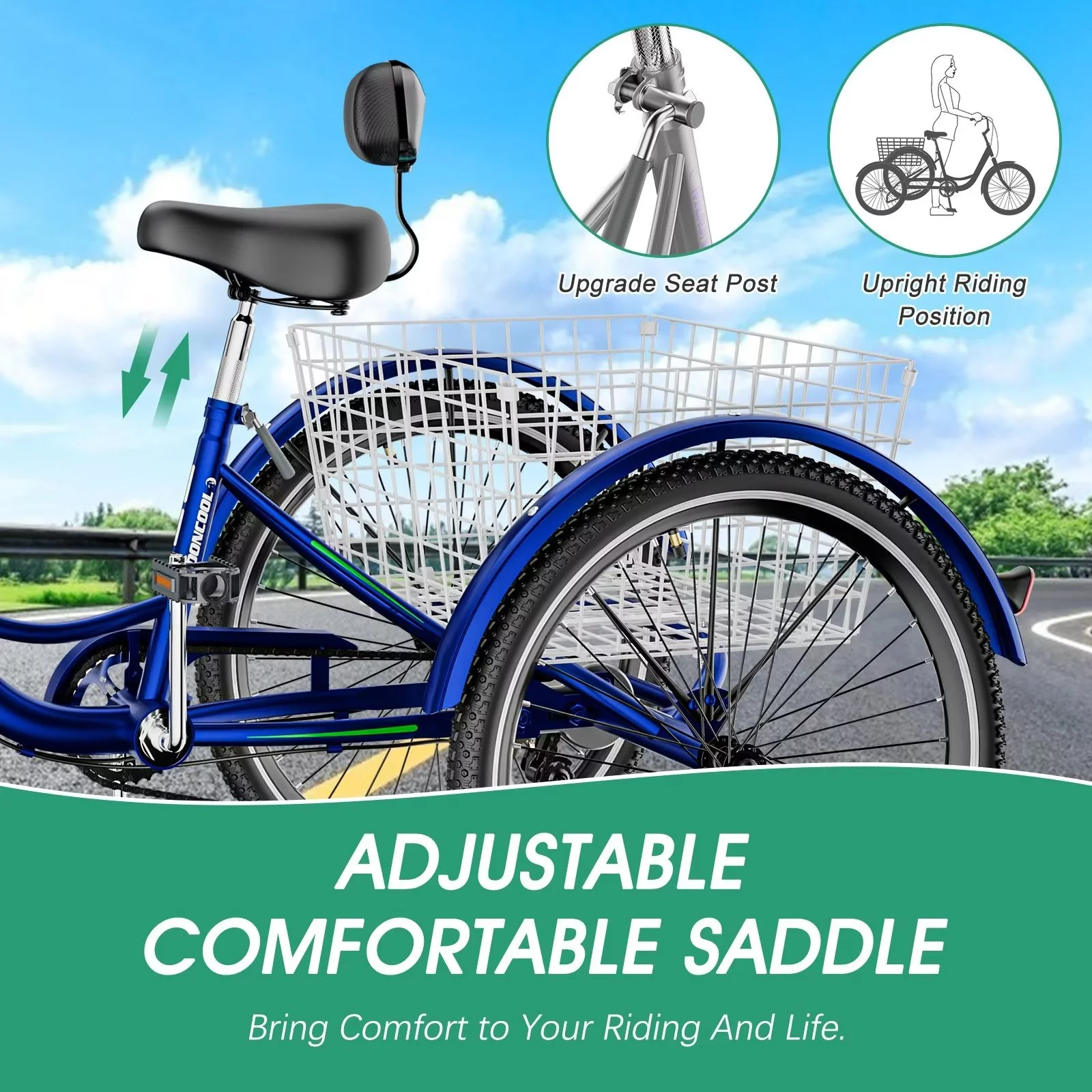 MOPHOTO Adult Tricycle for Seniors (Cyan, 26inch /7-Speed), Low Frame Three Wheel Bikes with Large Basket & Bell, 3 Wheel Cargo Bicycle, Safe and Durable Trike - Womvr