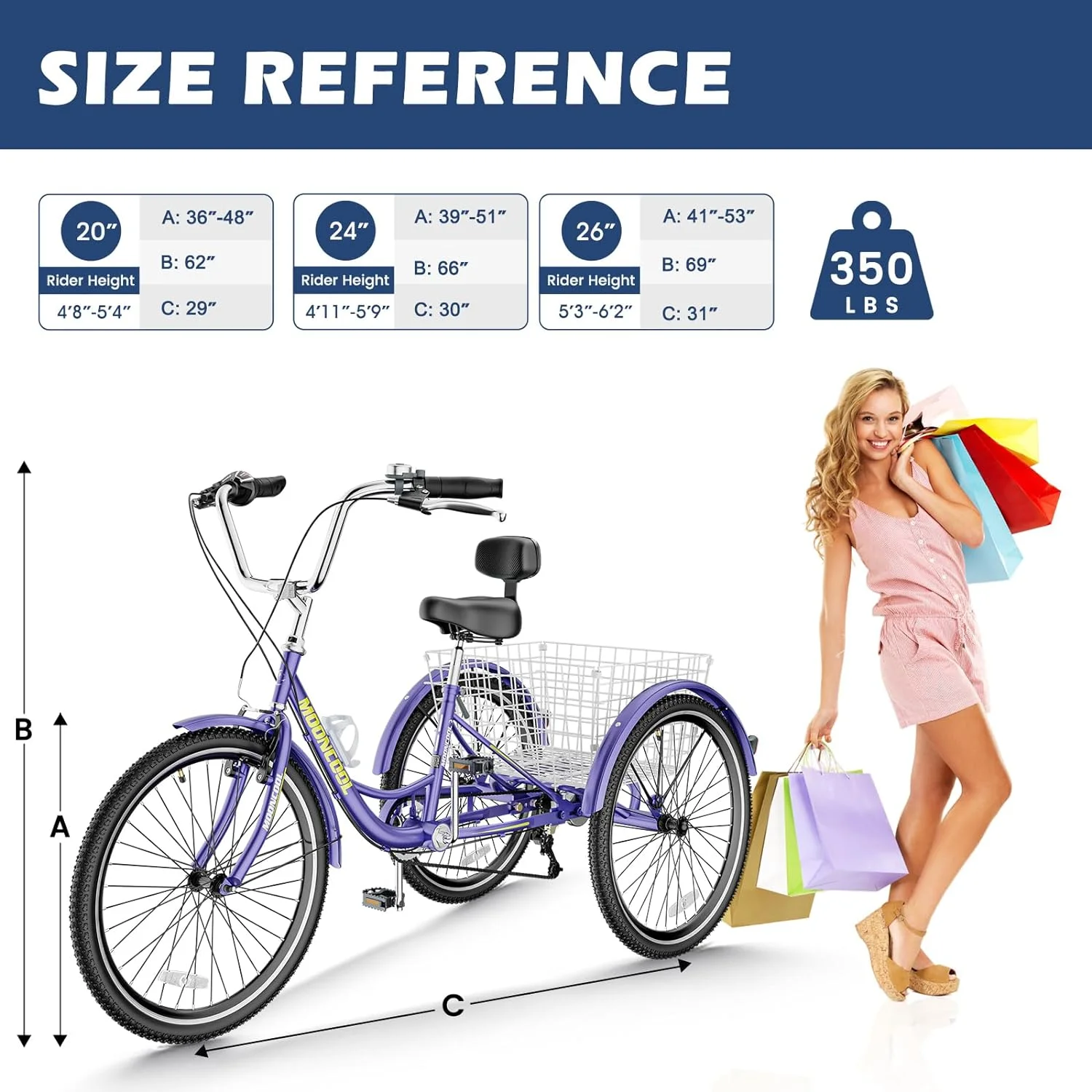 MOONCOOL Adult Tricycles with Rear Basket, 24 26 inch 7 Speed 3 Wheel Bikes, Three-Wheeled Bicycles Adult Trike with Backrest for Seniors, Women, Men - Womvr