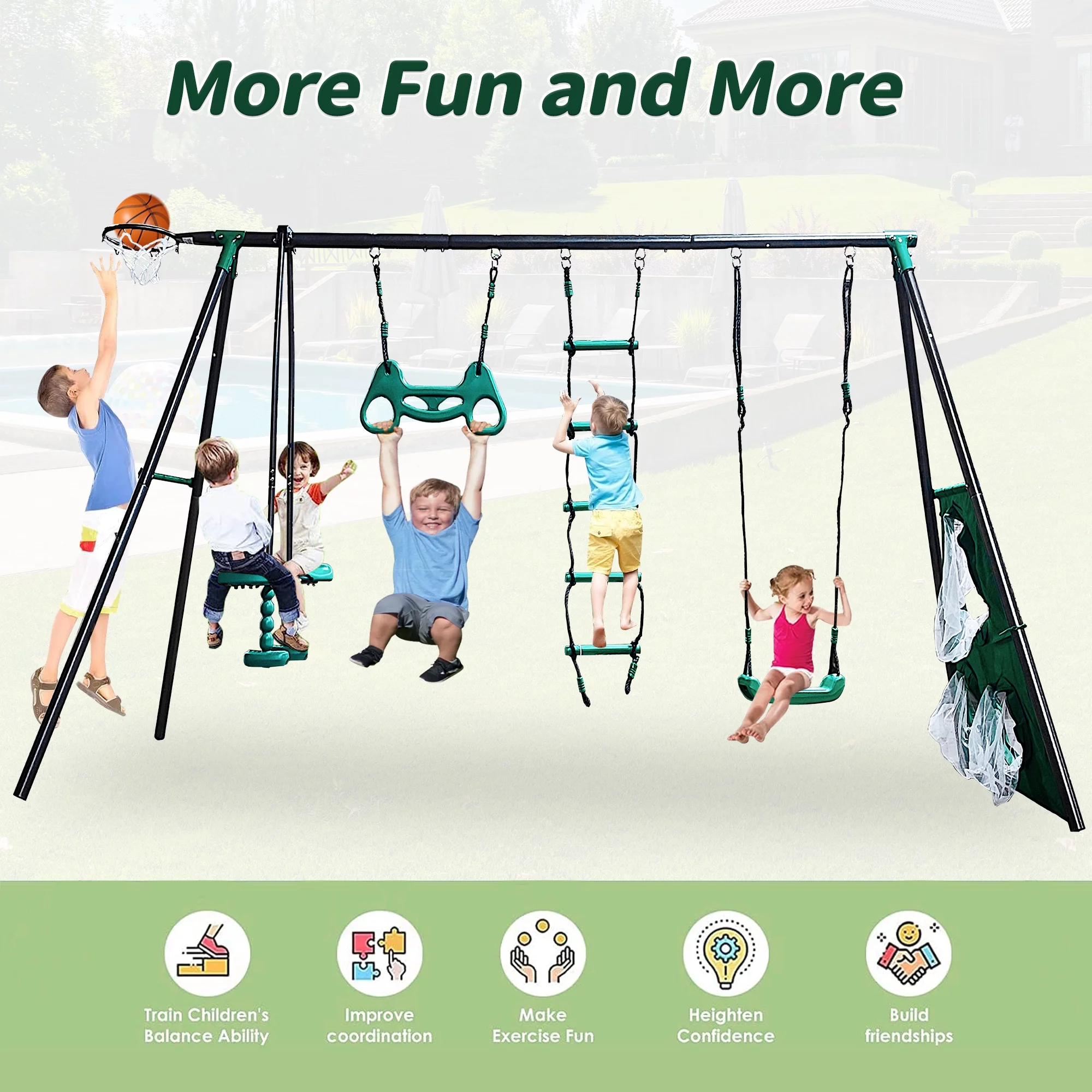 5 in 1 Metal Swing Set for Outside, Kids Backyard Swing Set with Swing Chair, Slide, Glider, Ground Nail, Outdoor Backyard Playground Swing Sets for 3-8 Year, Max Weight 700 lbs - Womvr