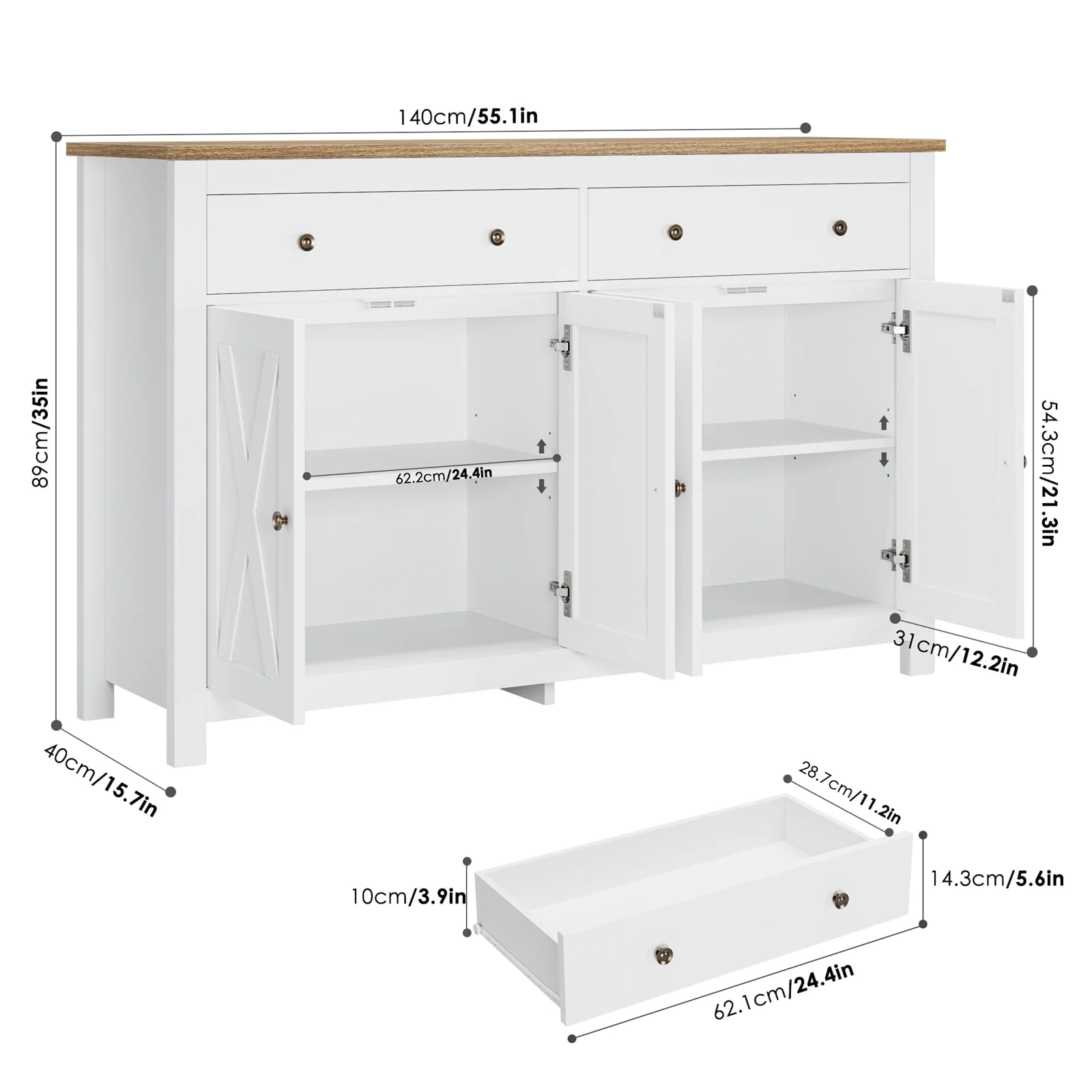 Homfa 4-Doors 2-Drawers Farmhouse Storage Cabinet, Wood Sideboard with Adjustable Shelves for Kitchen Dining Room, White - Womvr