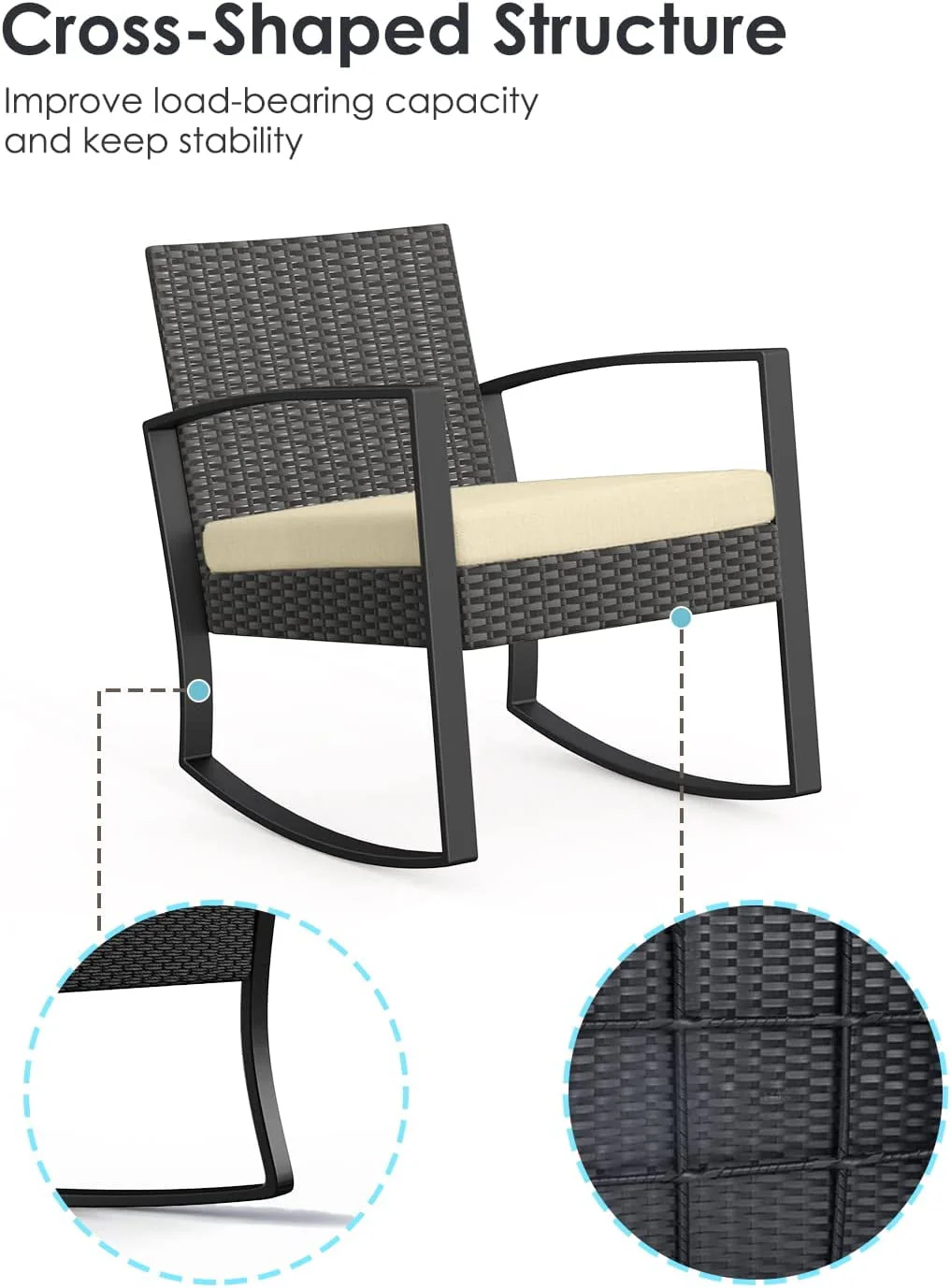 Lofka 3-Piece Patio Wicker Chairs Set with Glass Coffee Table, Outdoor Balcony Furniture Set with Blue Cushion - Womvr