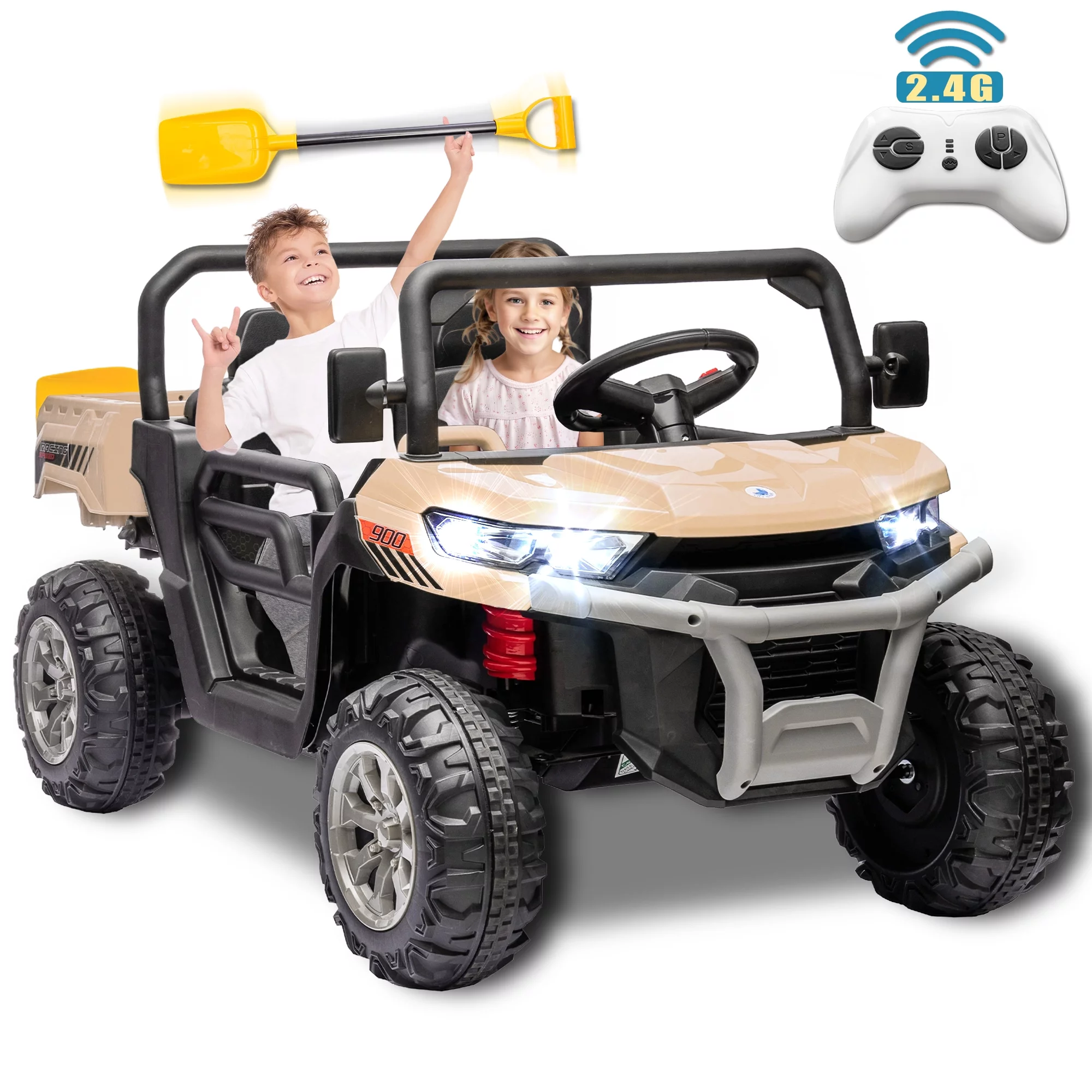 24V 2 Seater Ride on Toys, Ride On UTV with 2x200W Motor Ride On Dump Truck, Ride On Car with Dump Bed/Shovel, Electric Vehicle with Rubber Tires, LED Light, Music, Remote Control, Black - Womvr