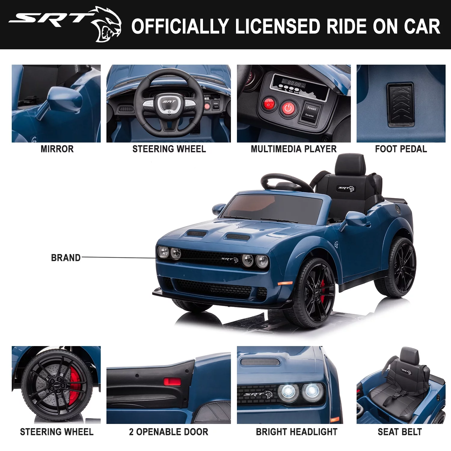 Dodge Challenger 12 V Powered Ride On Car with Remote Control, SRT Hellcat Toys for Kids, Black - Womvr