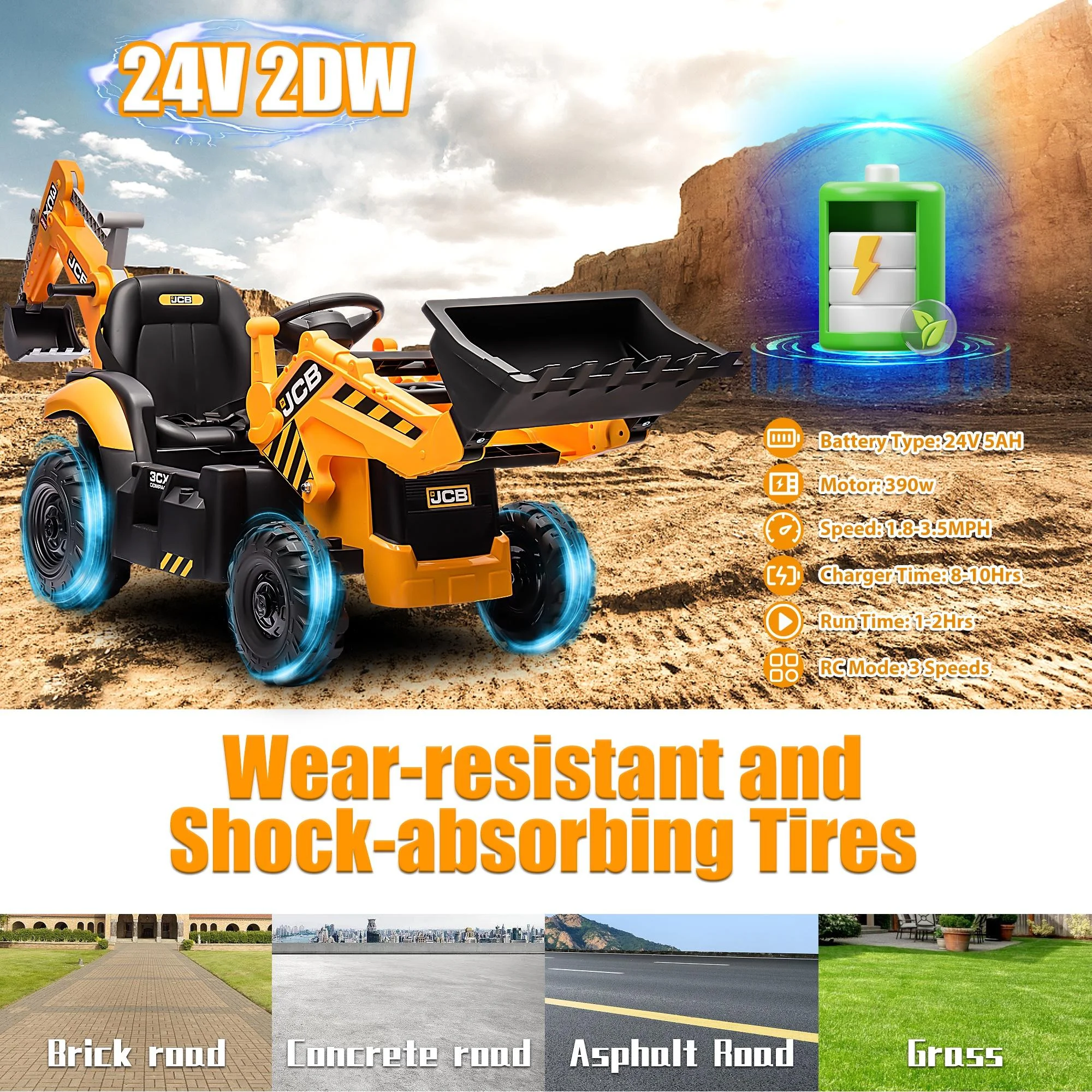 JCB 24V Ride on Excavator with Front&Back Loader 3in1 Kids Ride on Car with Remote Control Electric Construction for 3-6 Years Old Boys and Girls, Backhoe Ride on, Yellow - Womvr