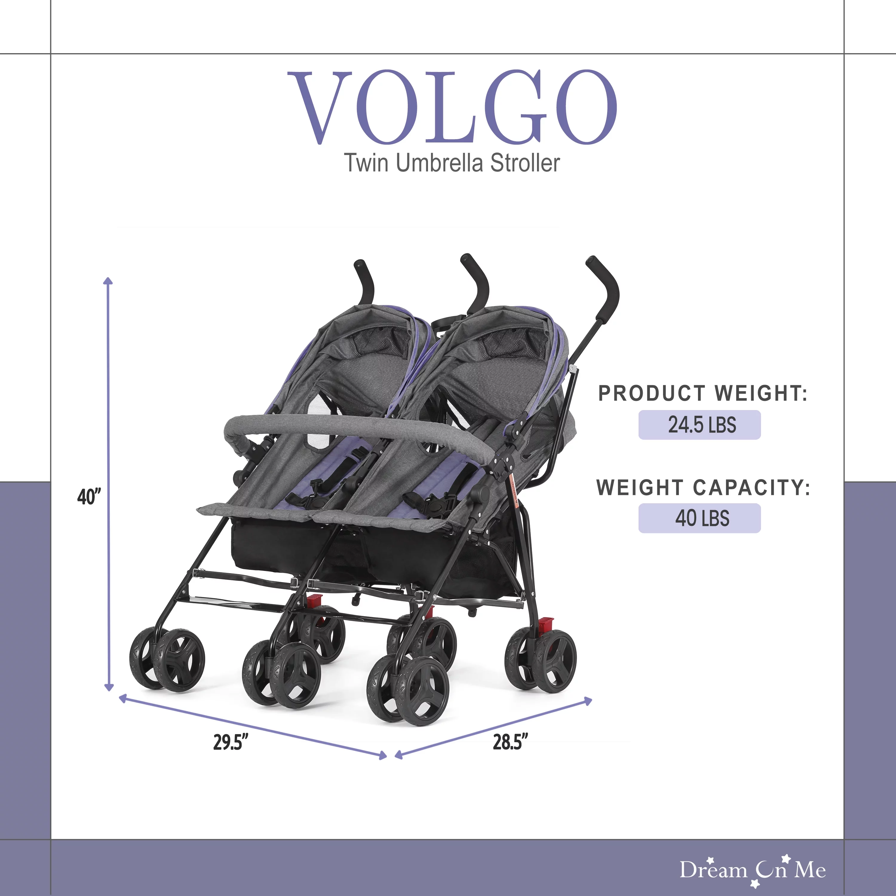 Dream On Me Vo o Twin Umbrella Stroller in Gray, Lightweight Double Stroller for Infant & Toddler, Compact Easy Fold, Large Storage Basket, Large and Adjustable Canopy - Womvr