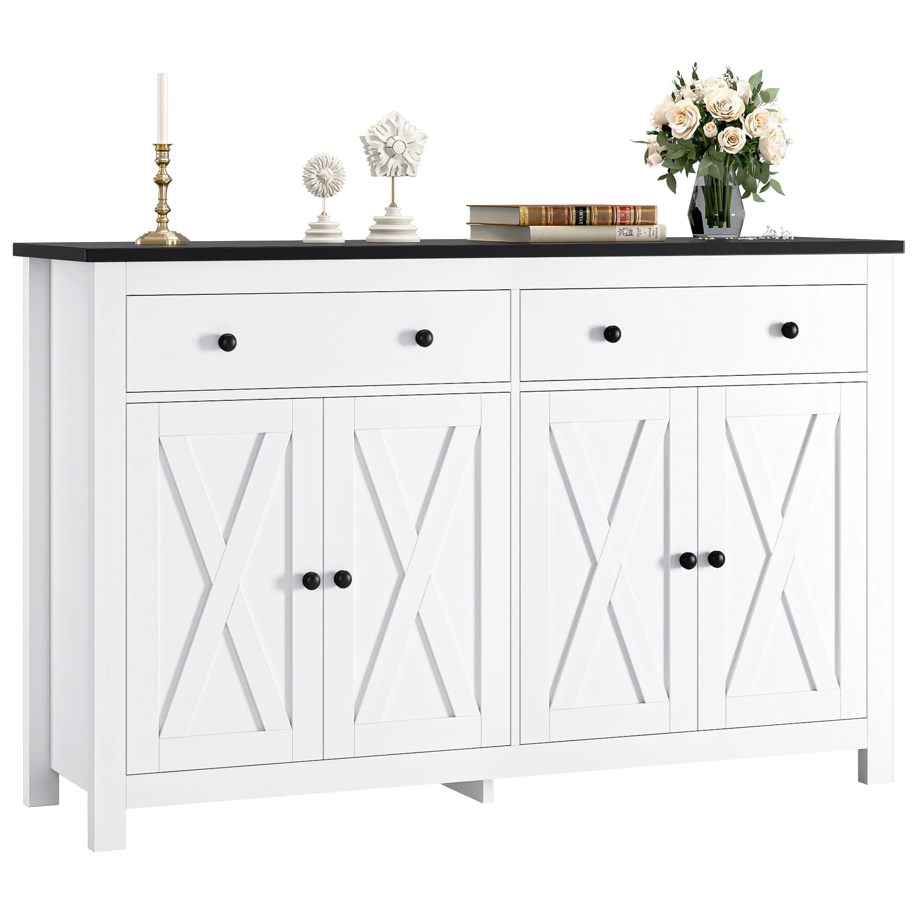Homfa 4-Doors 2-Drawers Farmhouse Storage Cabinet, Wood Sideboard with Adjustable Shelves for Kitchen Dining Room, White - Womvr