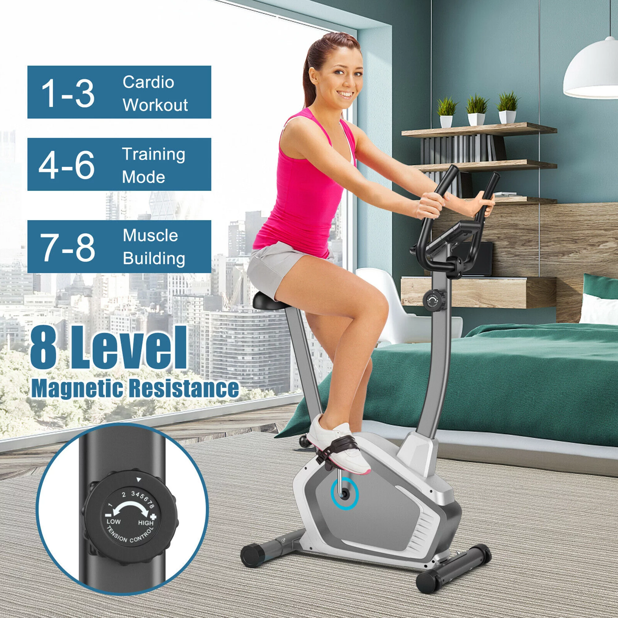 Gymax Magnetic Upright Exercise Bike Cycling Bike W/Pulse Sensor 8-Level Fitness - Womvr