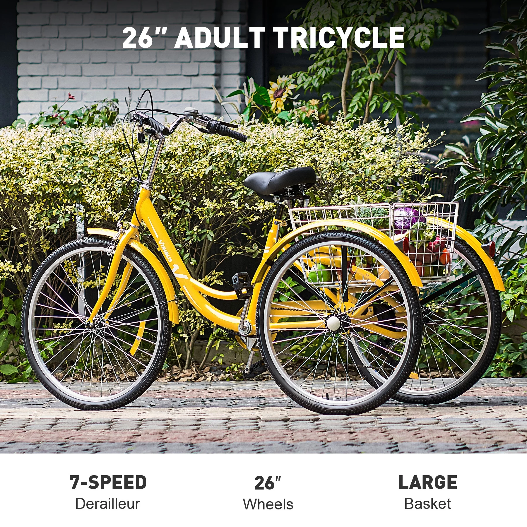VIRIBUS 26 Inch Adult Tricycle 3 Wheel Bike with 7 Speeds & Basket for Men Women, Black - Womvr